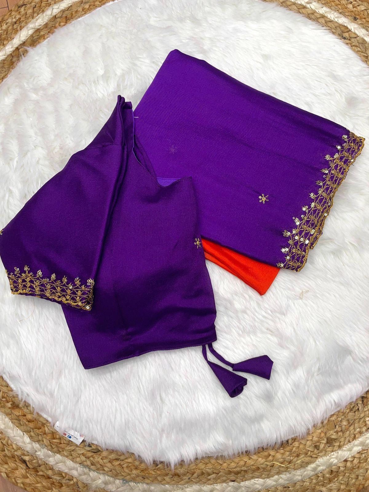 ClothsVilla Orange and Blue Soft Hand-Dyed Chinnon Saree with Heavy Embroidery, Sequence, and Jari Work