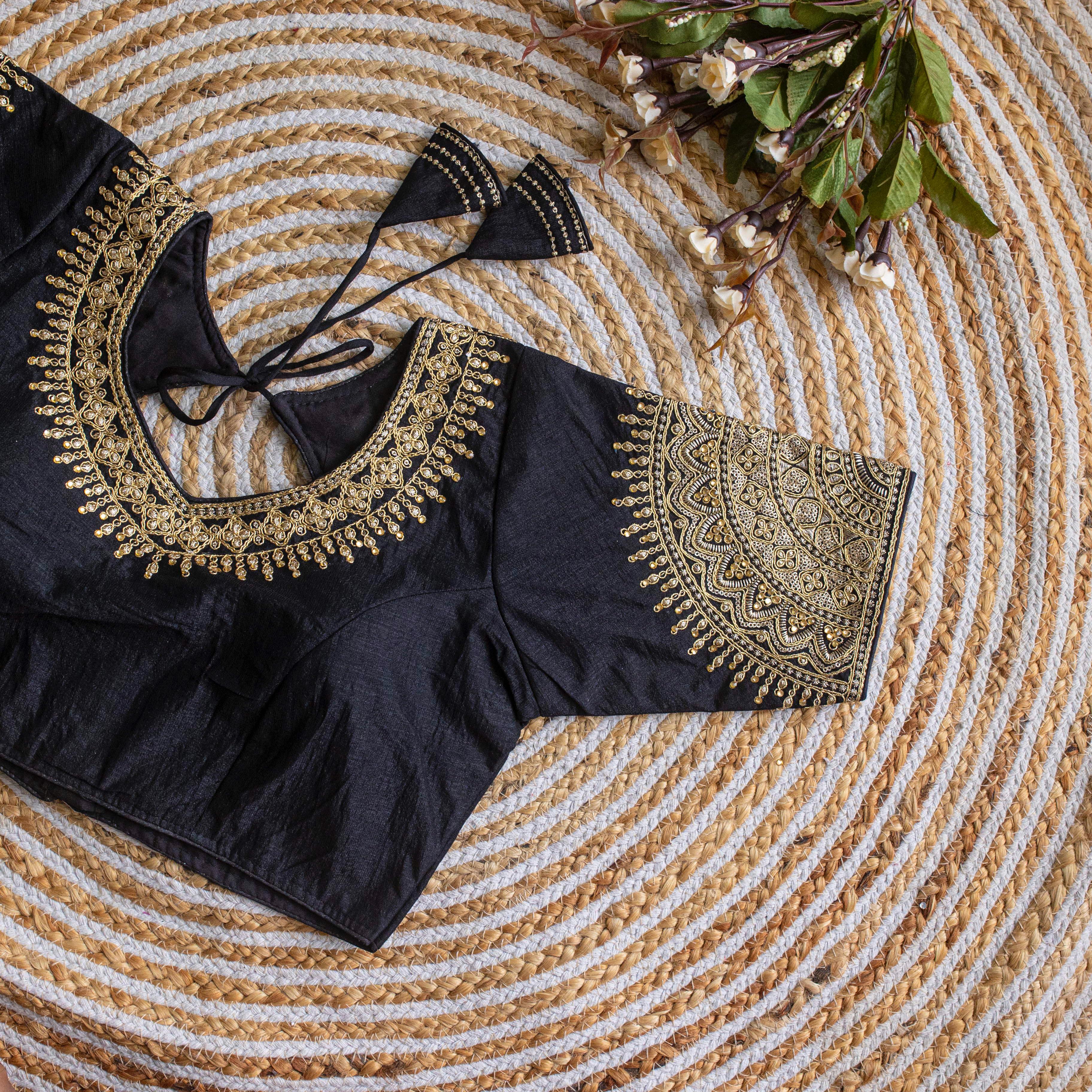 ClothsVilla Black Luxurious Lucknowi Silk Blouse with Golden Embroidery and Sequins