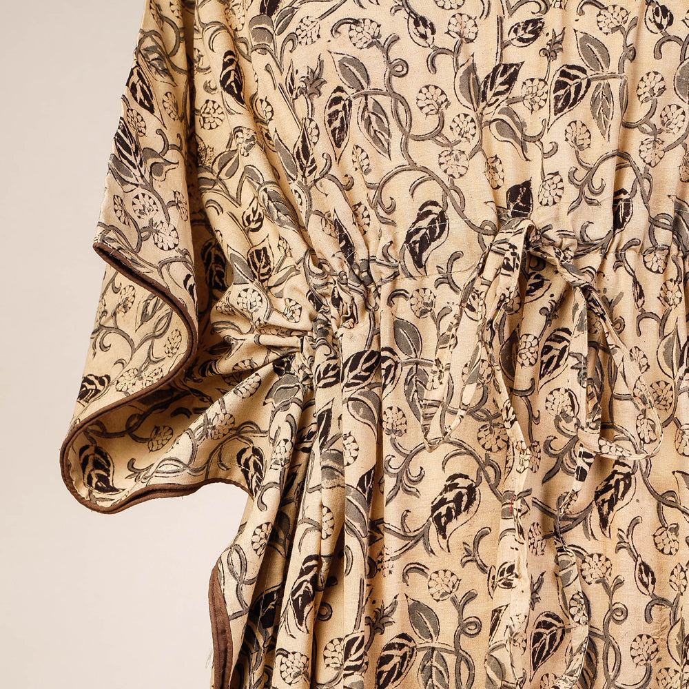 CHUTNEY CRAFT STUDIO Beige - Block Print Cotton Kalamkari Kaftan with Tie-Up Waist (Long) - view 2
