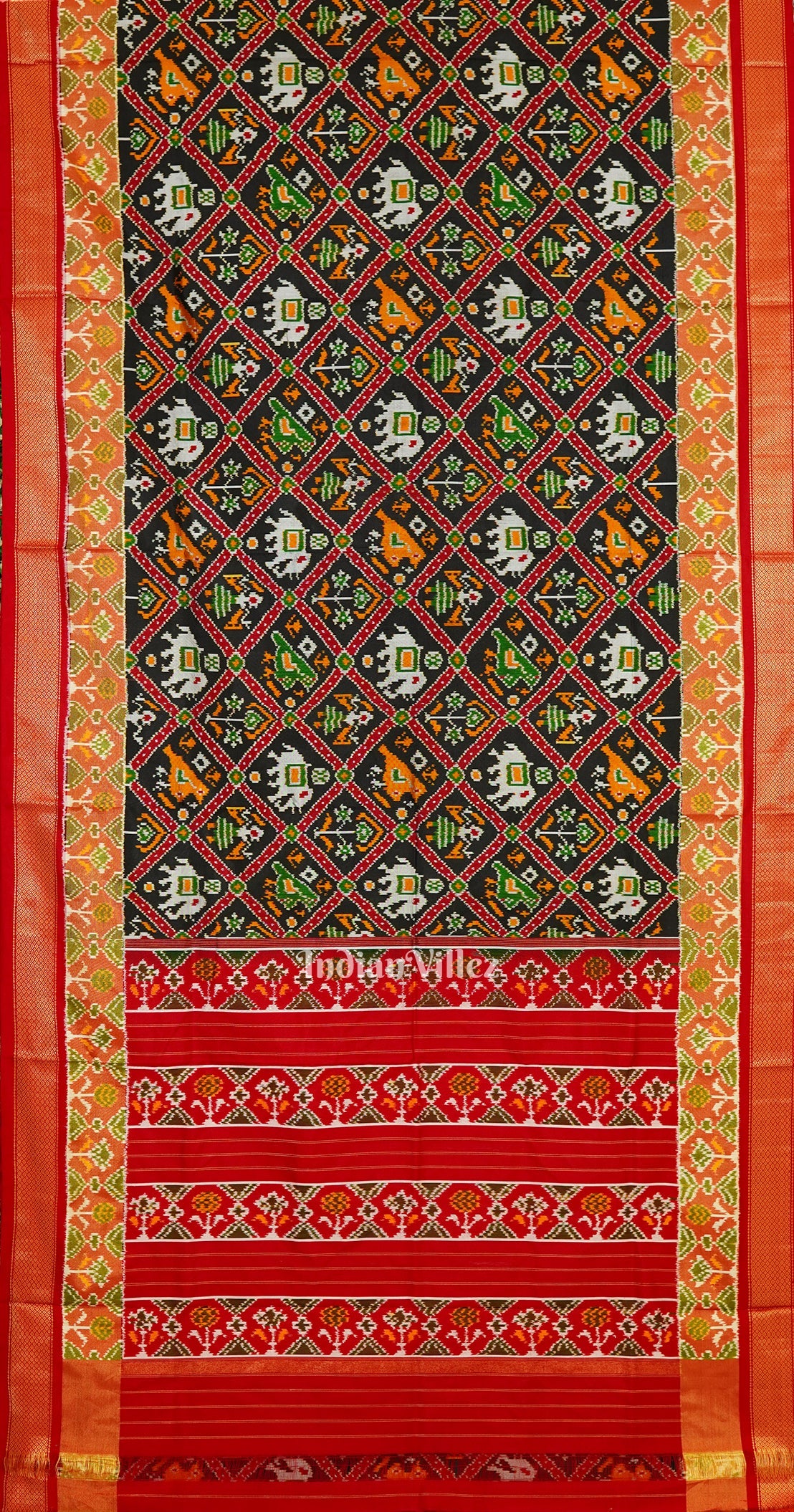 IndianVillèz Black With White Elephant Design Silk Handloom Pochampally Ikat Saree