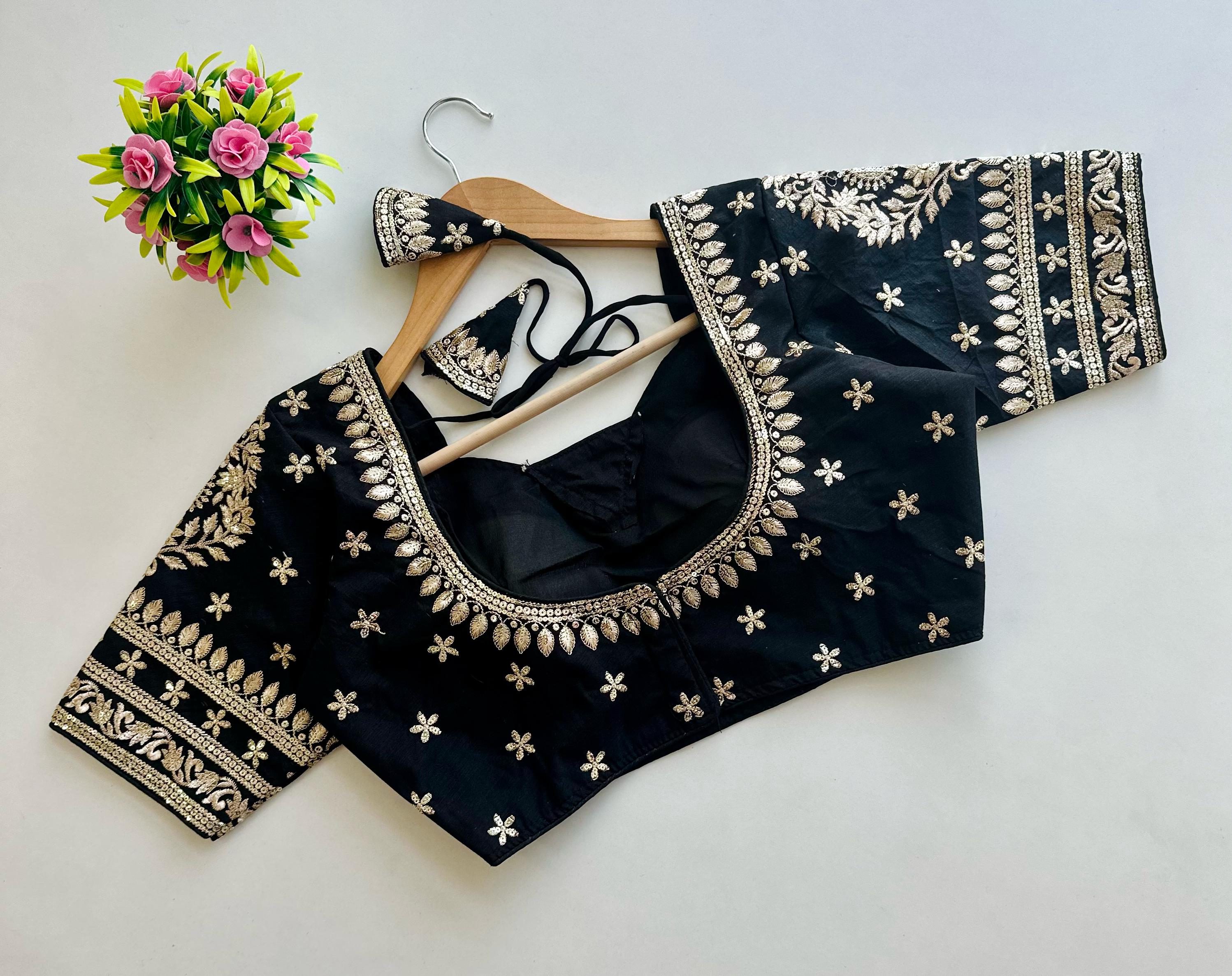 ClothsVilla Black Golden Embroidered Blubbery Silk Blouse with Sequins - view 2