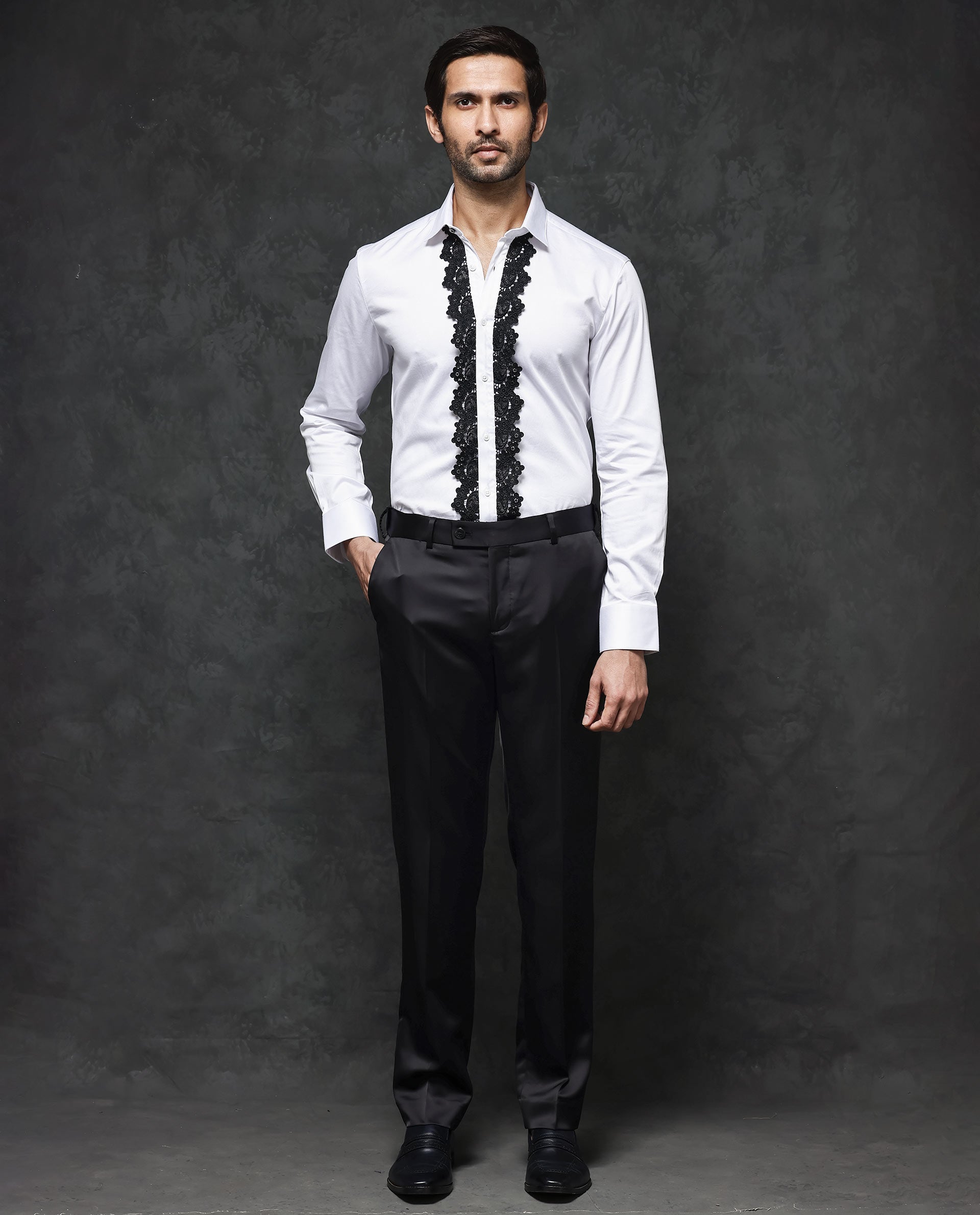 Rare Rabbit Men's Tapeon White Collared Neck Solid Lace Embellished Regular Fit Shirt - view 2