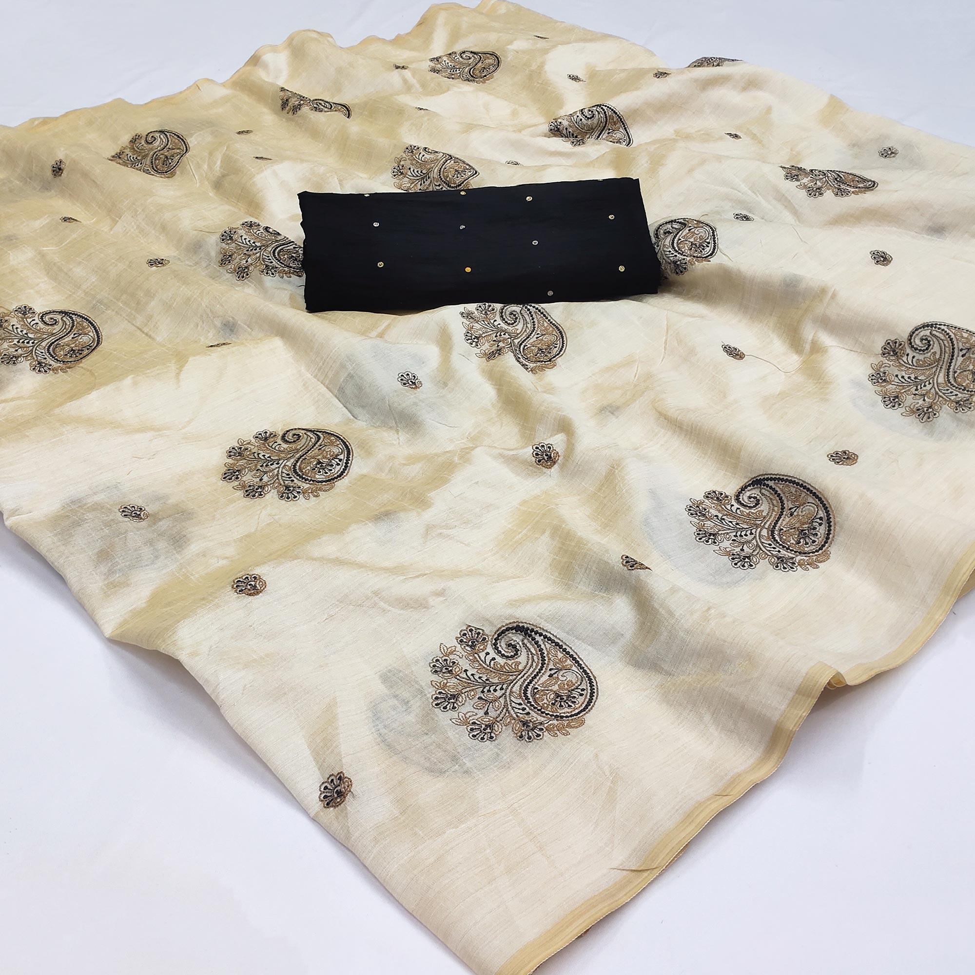 Peachmode Cream-Black Embroidered Assam Silk Saree