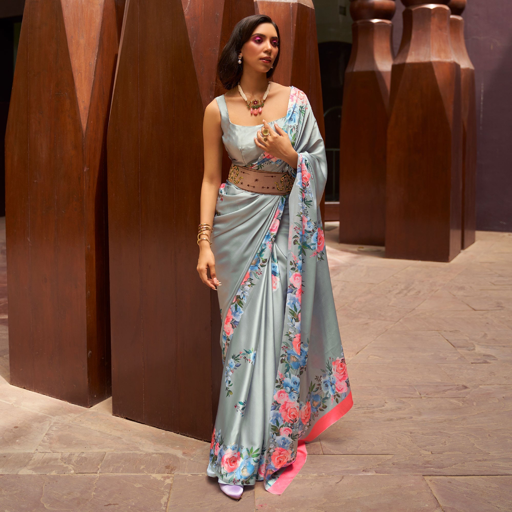 BlackTree grey-floral-digital-printed-satin-saree - view 2