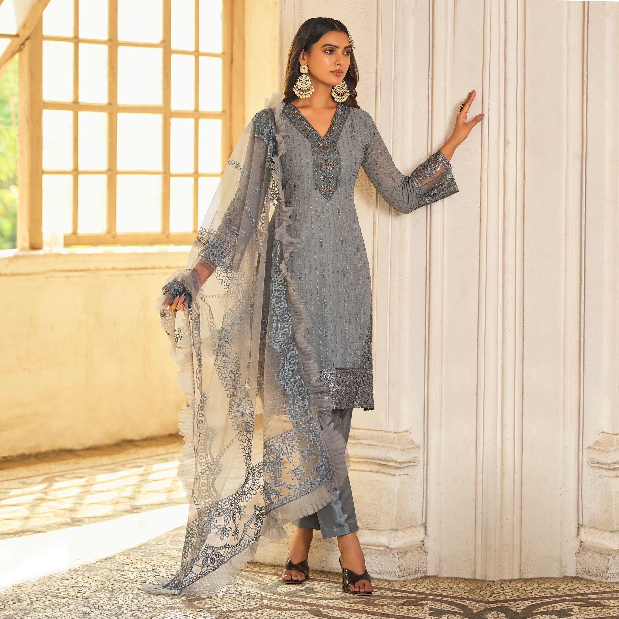 Peachmode Grey Sequins Embroidered Georgette Semi Stitched Suit - view 2
