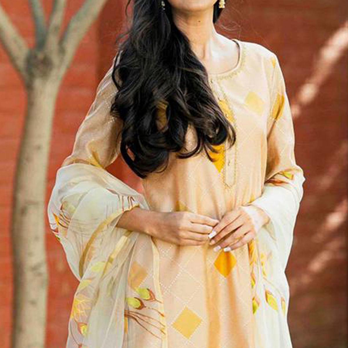 Peachmode Cream Partywear Printed Cotton Silk Kurti Pant Set With Dupatta - view 5