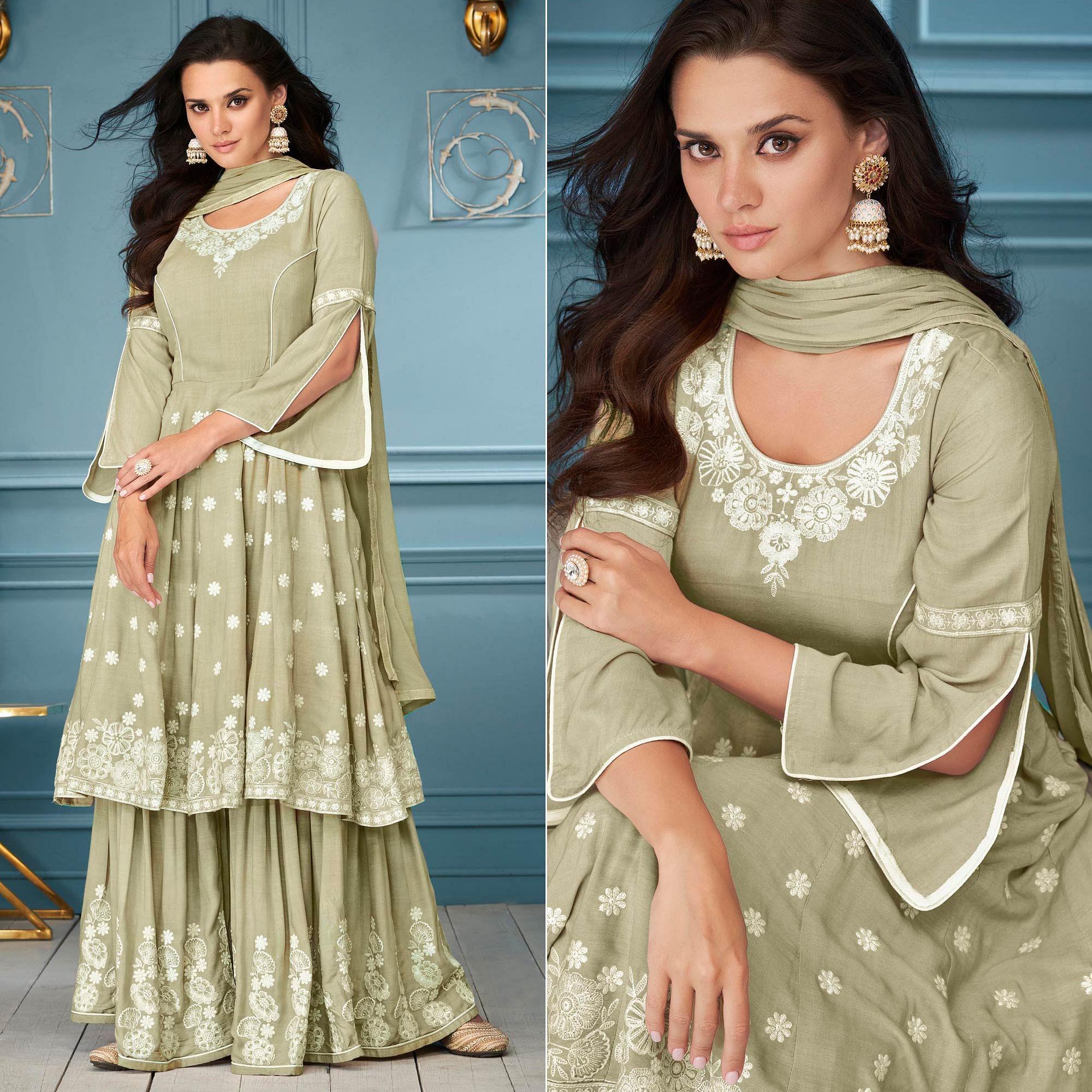 Peachmode Seller Light Olive Green Embroidered Rayon Sharara Suit