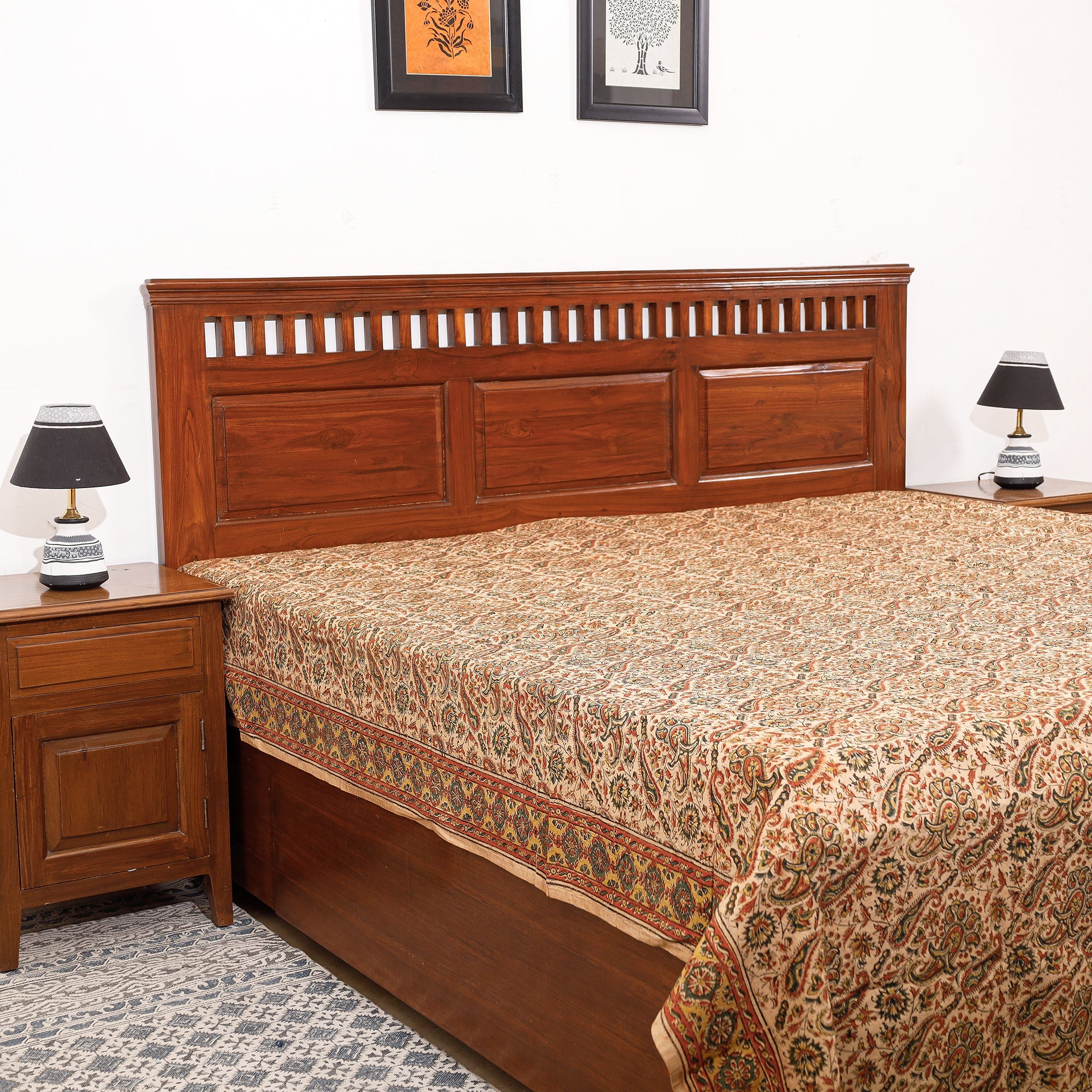 PITCHUKA SRINIVAS KALAMKARI PEDANA Beige - Pedana Kalamkari Block Printing Cotton Double Bed Cover (111 x 94 in)