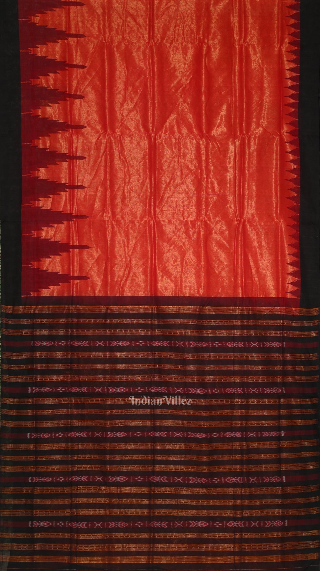 IndianVillèz Red Black Dual Tone Phoda Kumbha Sambalpuri Cotton Tissue Saree - view 2