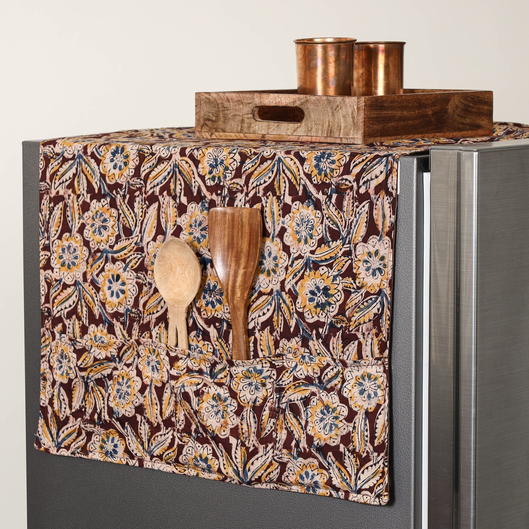 JALPARI Brown - Handmade Cotton Fridge Top Cover with Multiple Pockets 31