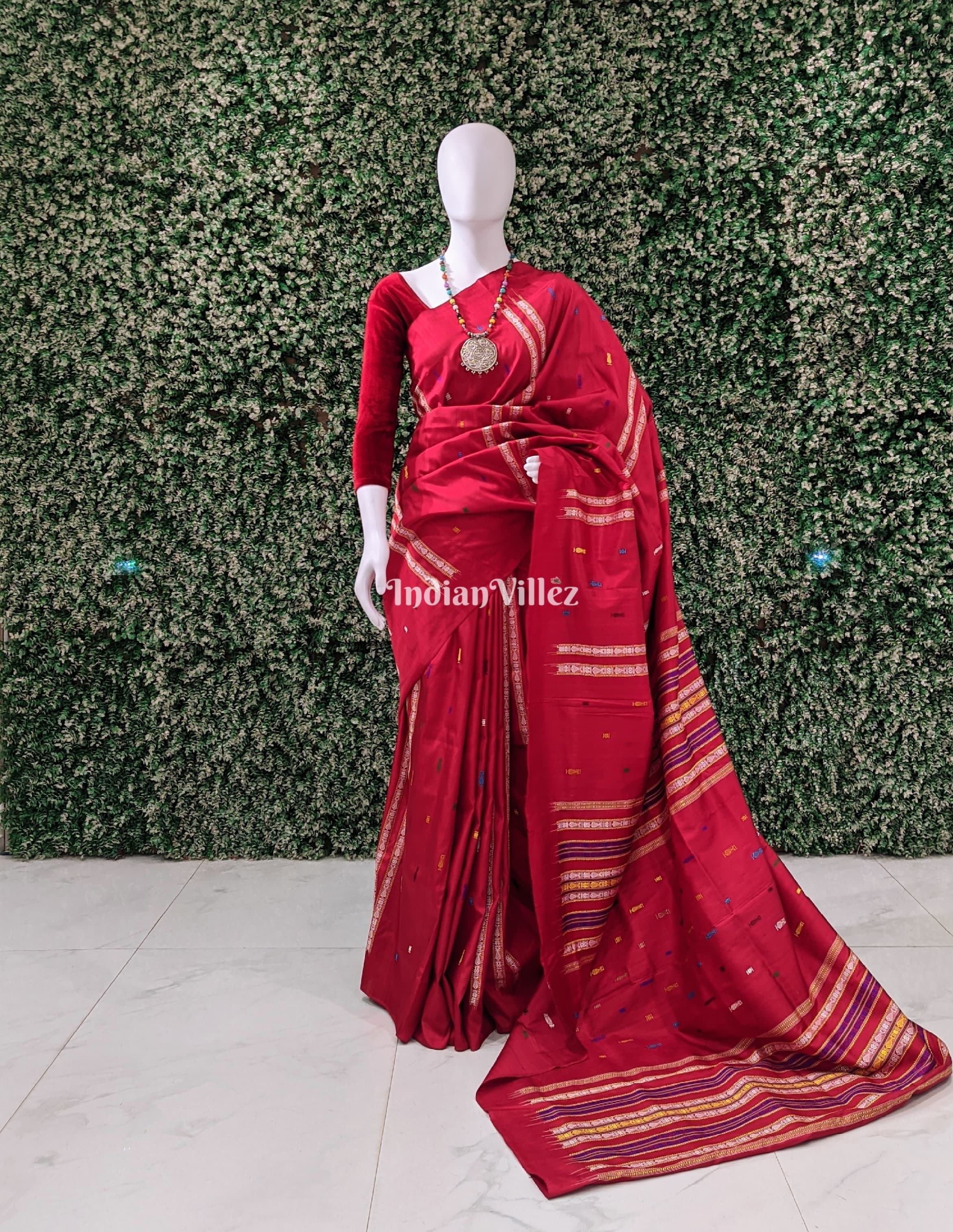 IndianVillèz Red Habaspuri Inspired Contemporary Bomkai Sambalpuri Silk Saree