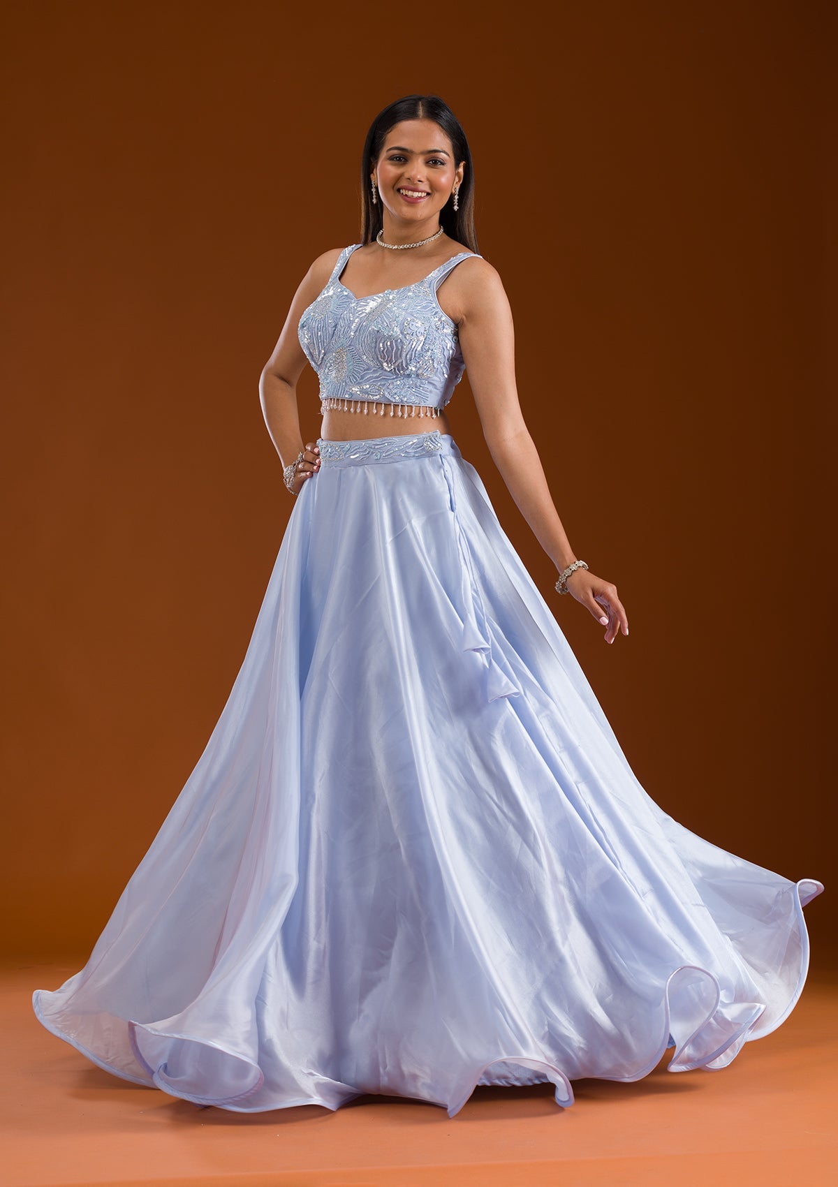 Koskii Sky Blue Cutdana Satin Readymade Lehenga - view 6