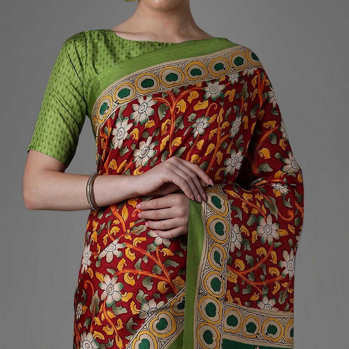 Peachmode Maroon Casual Art Silk Printed Saree With Unstitched Blouse - view 3