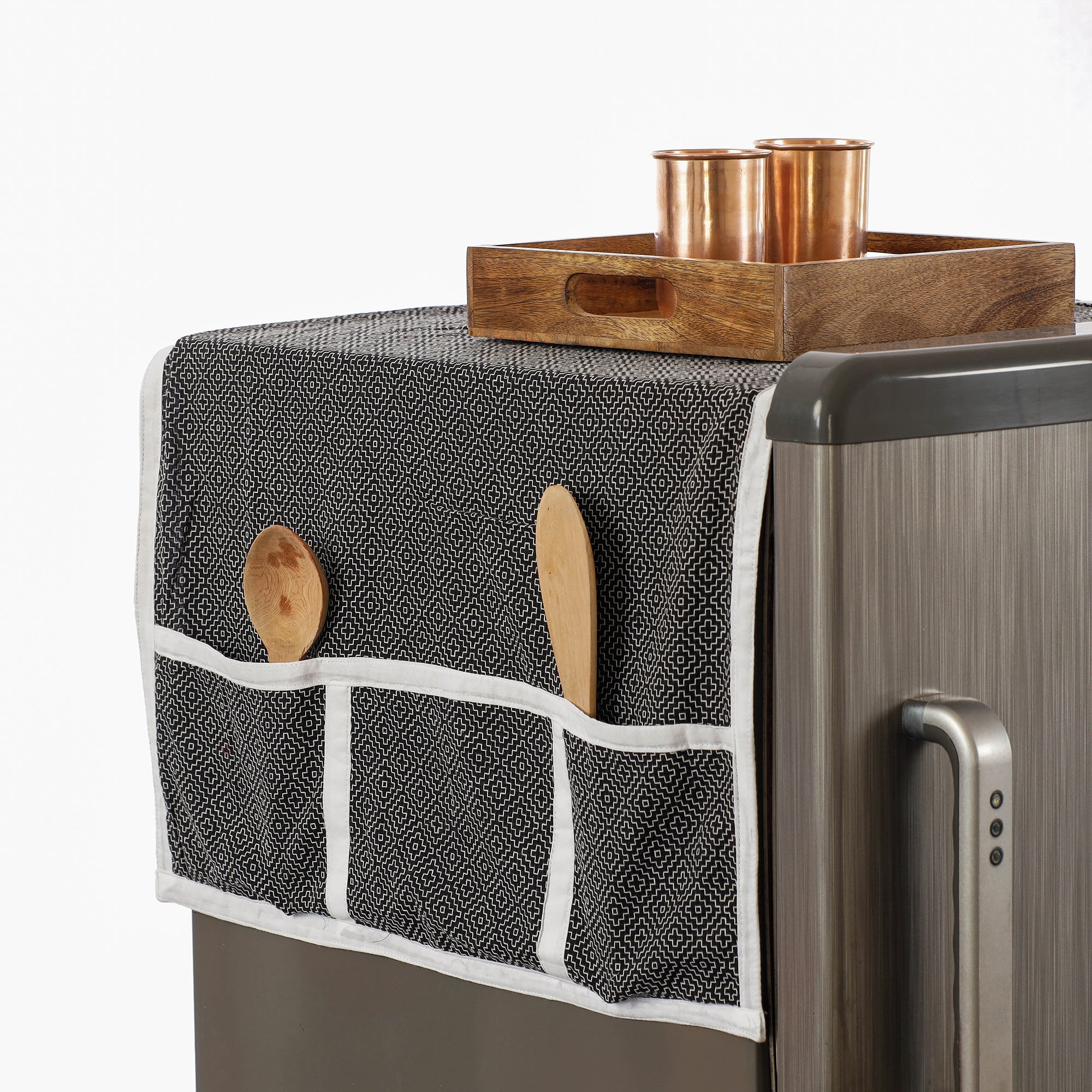 JALPARI Black - Jacquard Cotton Fridge Top Cover with Multiple Pockets