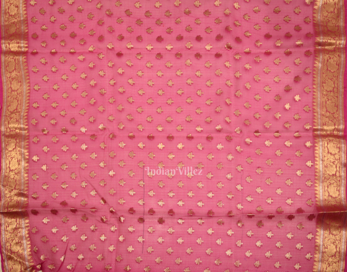 IndianVillèz Rani Pink Jamdani Banarasi Kota Silk Saree - view 3