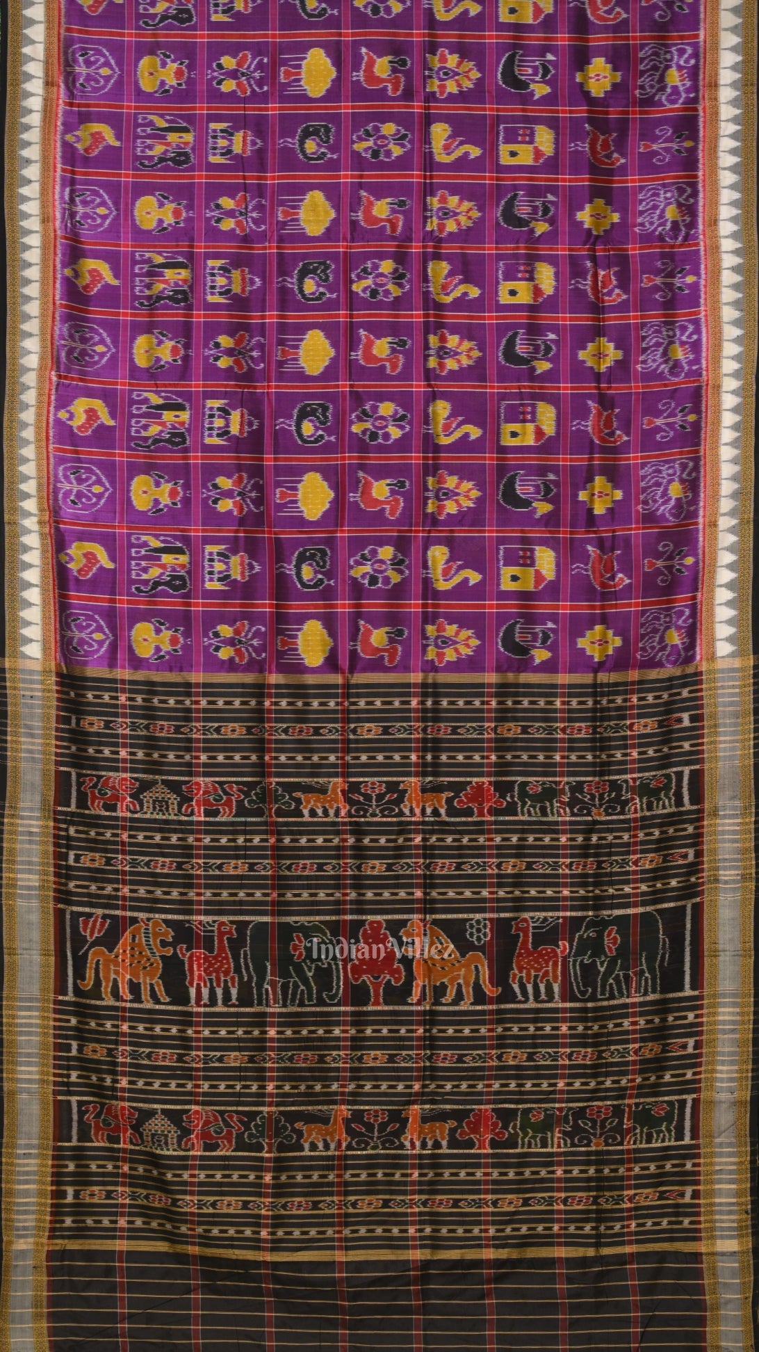 IndianVillèz Purple Nabakothi Jungle Aanchal Odisha Ikat Khandua Silk Saree