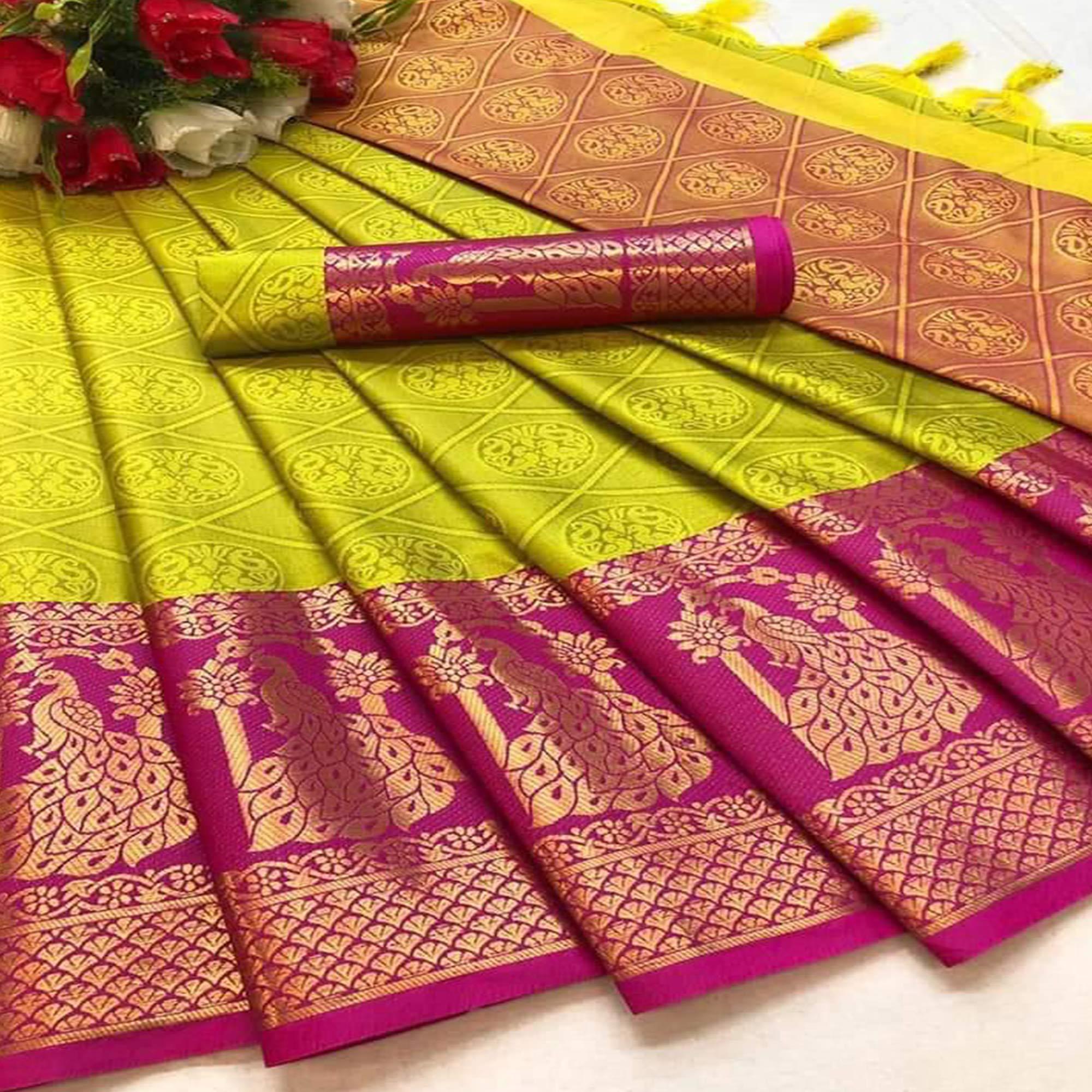 Peachmode Lemon Green Festive Wear Woven Cotton Silk Saree