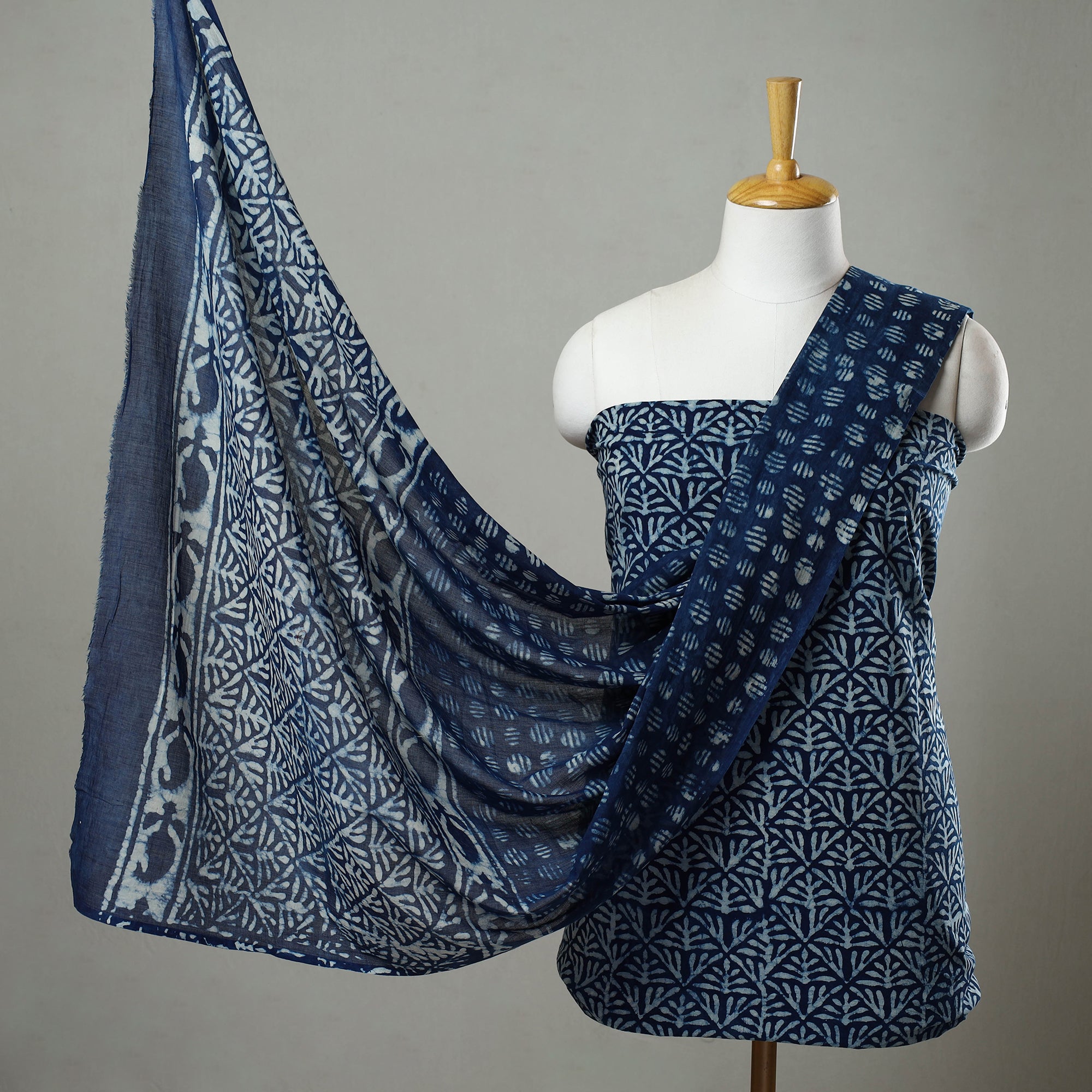 ARTISAN HAND BLOCK PRINTS Blue - 3pc Cotton Indigo Bagru Print Dress Material Set 08