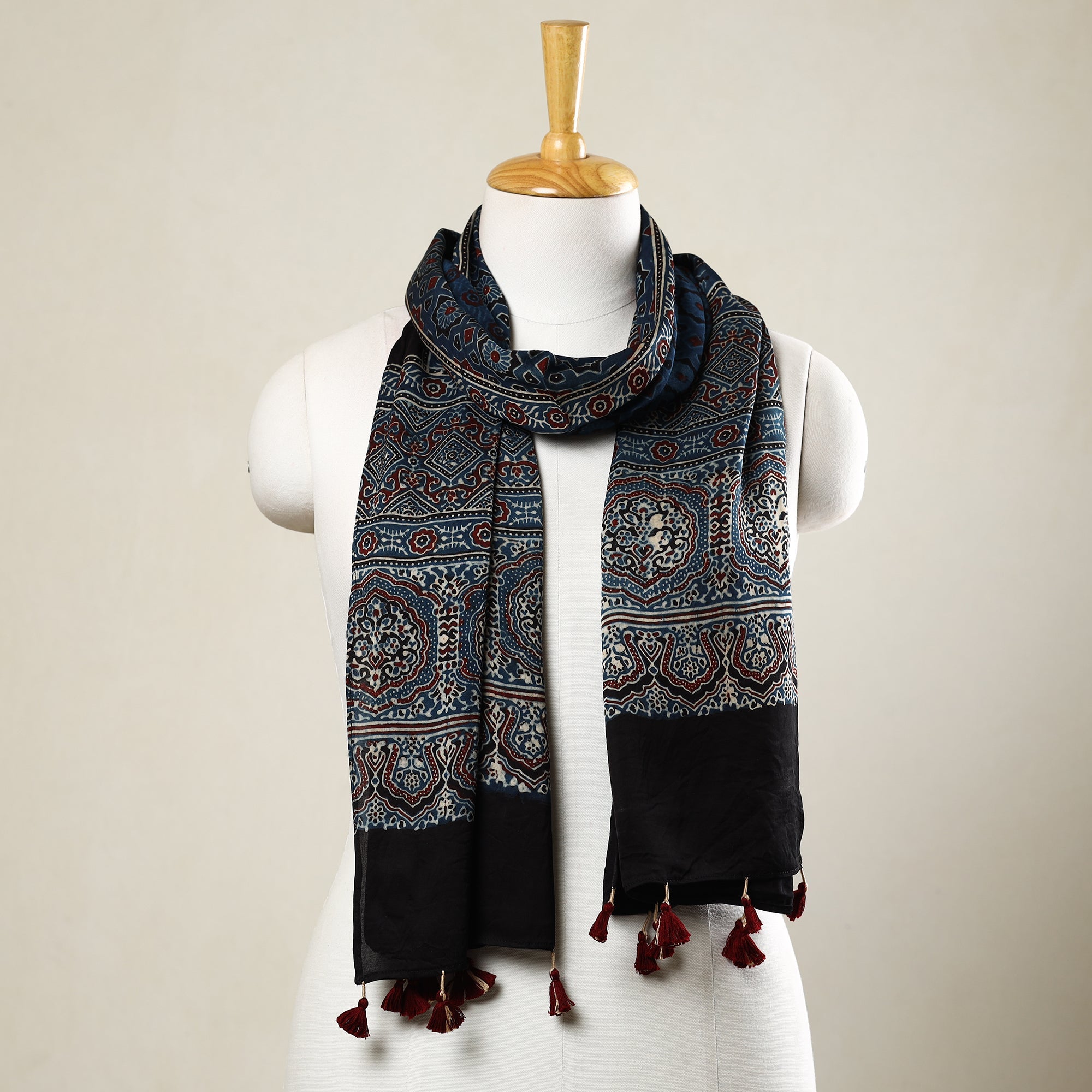 RIYAZ ABDULMAJID KHATRI - AJRAKH Blue - Ajrakh Block Printed Modal Silk Stole with Tassels