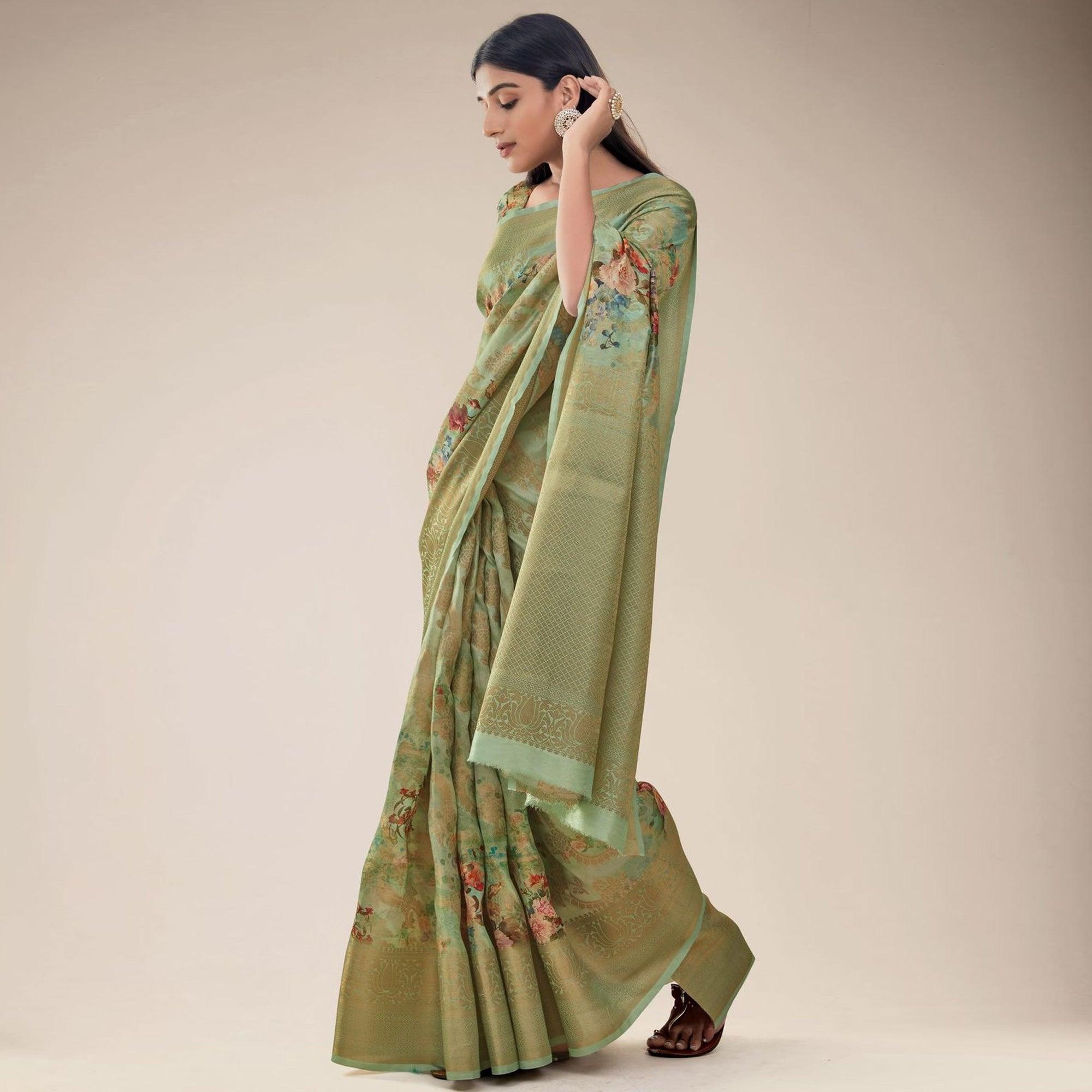 Peachmode Mehndi Green Festive Wear Floral Printed Jacquard Designer Handloom Silk Saree - view 4