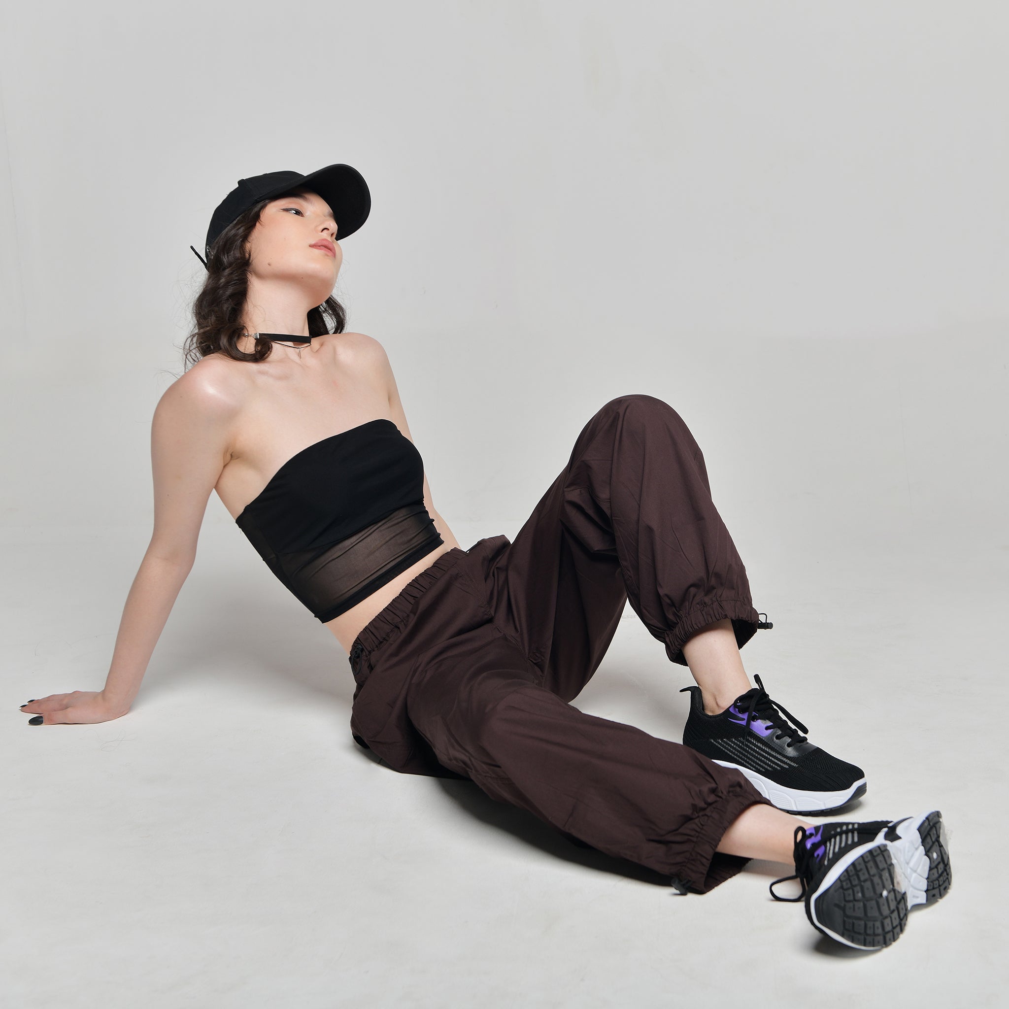 I Z F Black Tube Top & Brown Parachute Pants - view 2