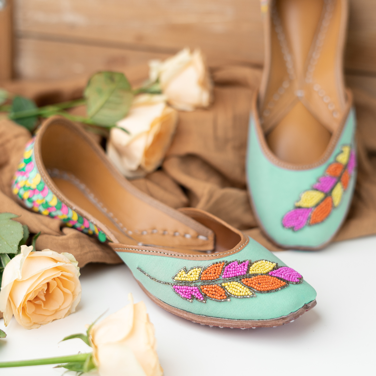BlackTree Mint Green Sequins and Beaded Leaf Jutti - view 2