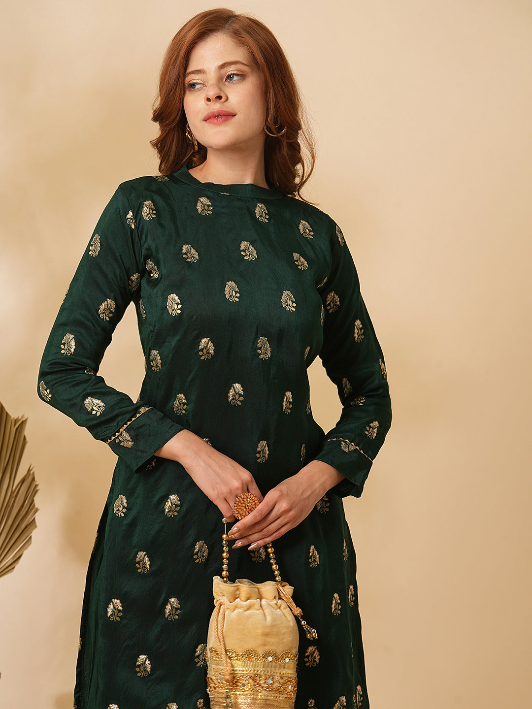 Fashor Ethnic Floral Zari Jacquard Straight Fit Kurta with Pant - Green - view 3