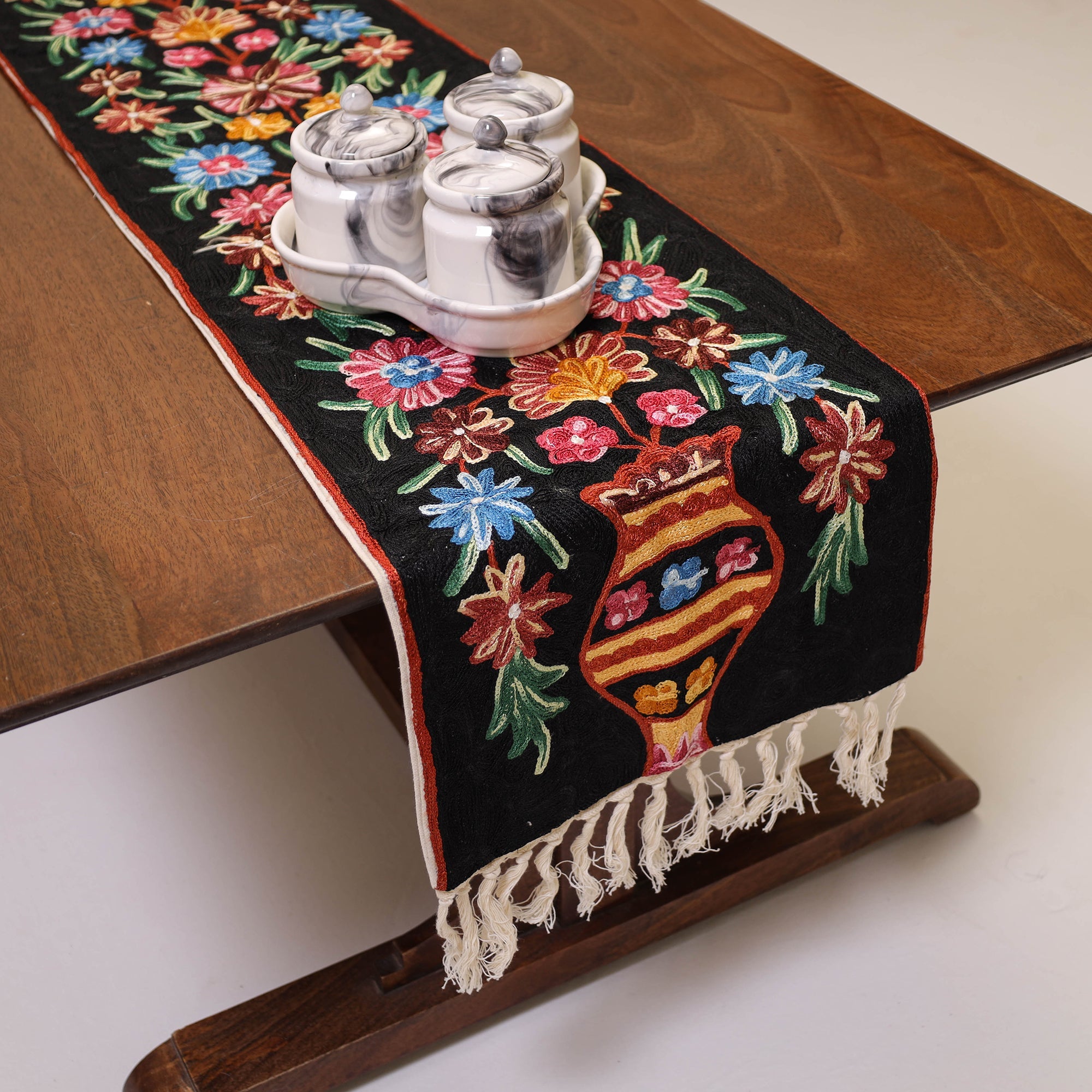 ITOKRI CRAFTS INITIATIVE Black - Original Crewel Wool Hand Embroidery Table Runner (69 x 12 in) 01