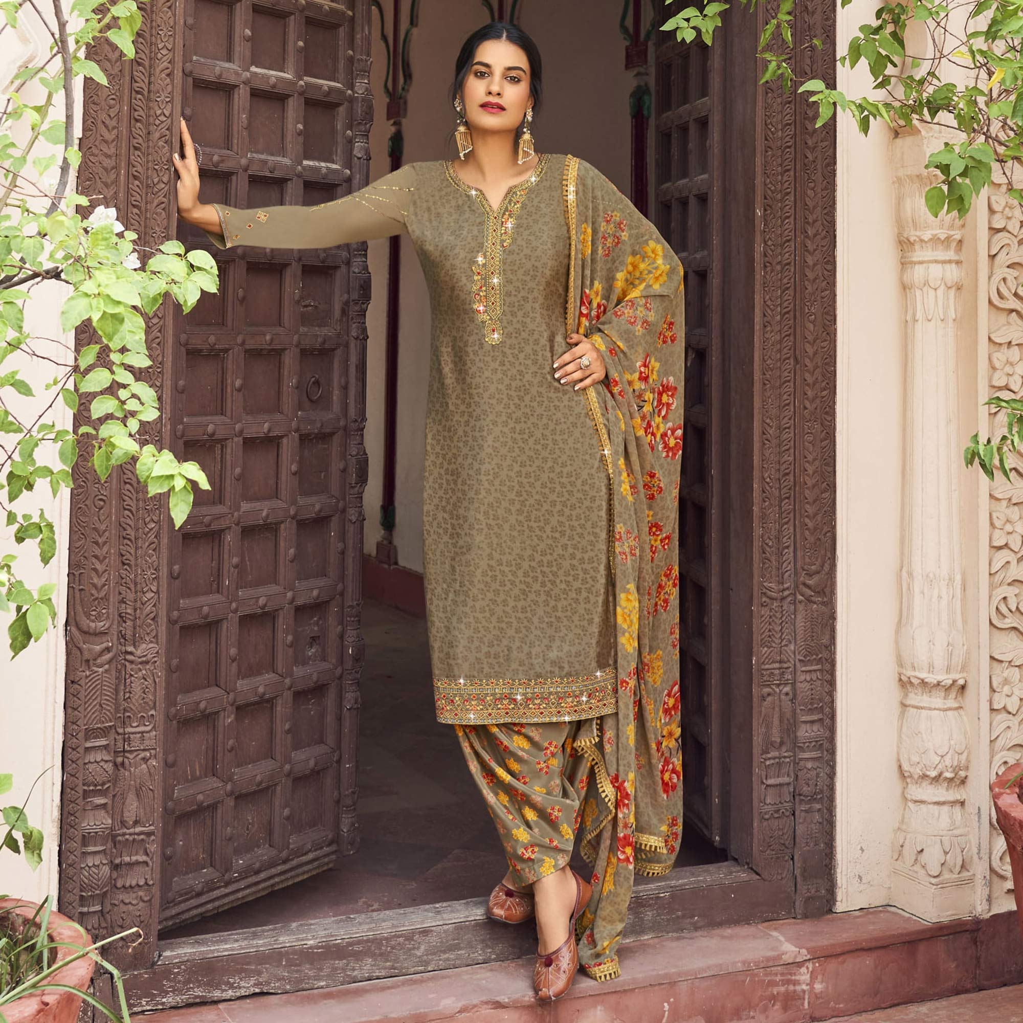 Peachmode Brown Floral Embroidered Crepe Patiala Suit - view 2