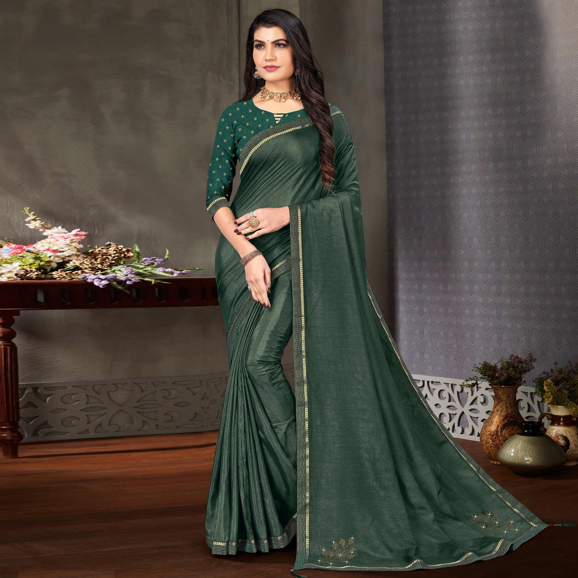 Peachmode Bottle Green Festive Wear Embellished Art Silk Saree