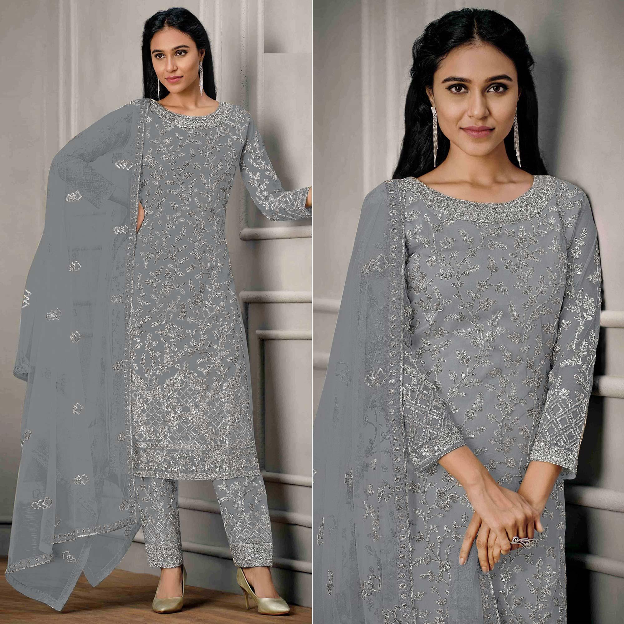 Peachmode Grey Sequins Floral Embroidered Net Salwar Suit