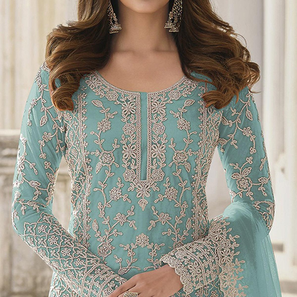 Peachmode Light Blue Embroidered Netted Pakistani Suit - view 3