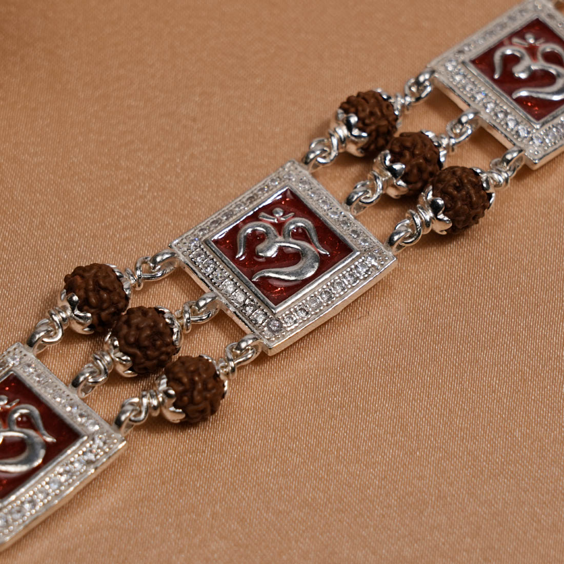 Prinjal Jewellers Rudraksha Silver Three Om in Red Brooch Bracelet