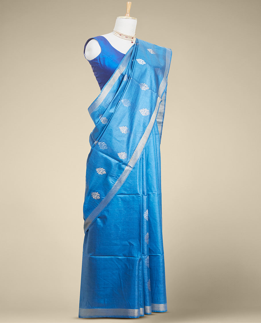 Pothys Blue floral buttas tusser silk saree with self zari border - view 2