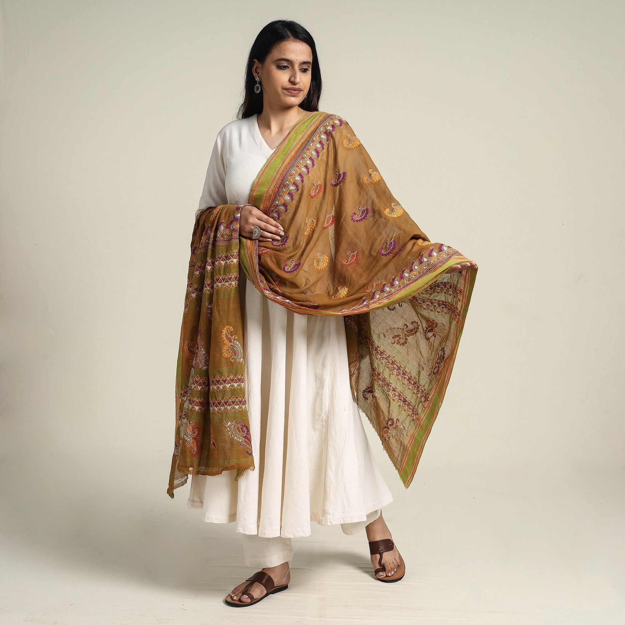 KHUSHBASH - HAPPY LOOM OF EAST Brown - Bengal Kantha Embroidered Cotton Handloom Dupatta - view 2