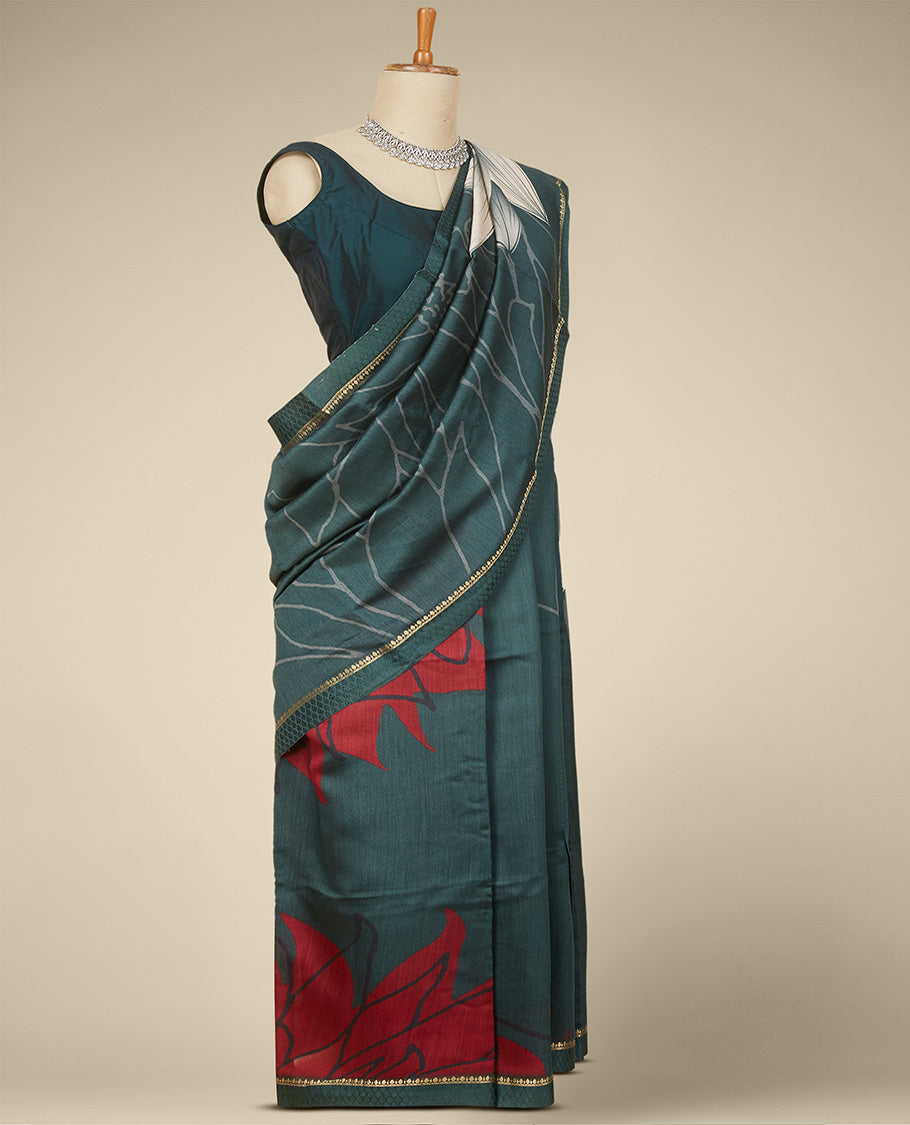 Pothys Green vine & flower design printed moonga tussar with zari design border - view 2