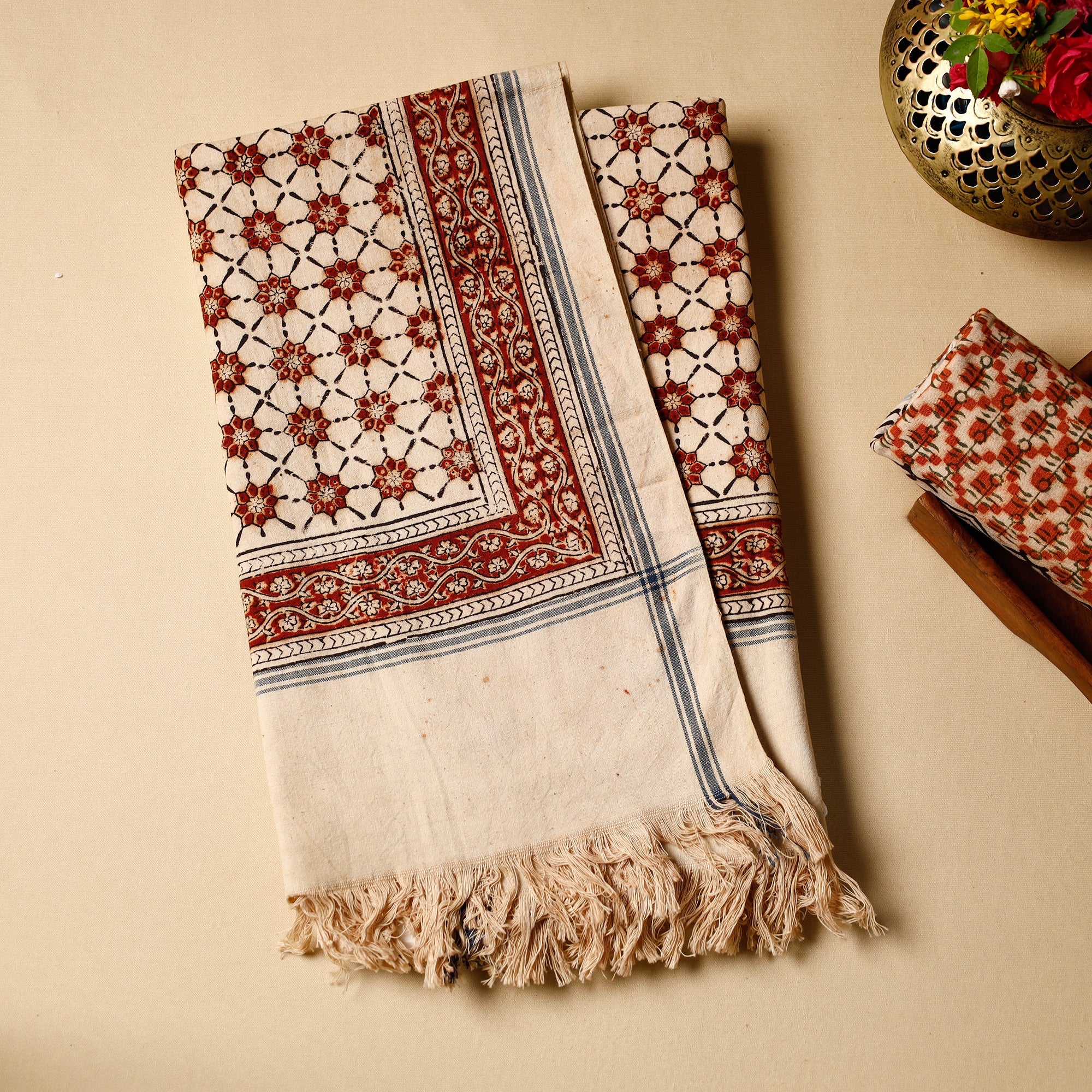 PITCHUKA SRINIVAS KALAMKARI PEDANA Beige - Pedana Kalamkari Block Printed Handloom Cotton Towel