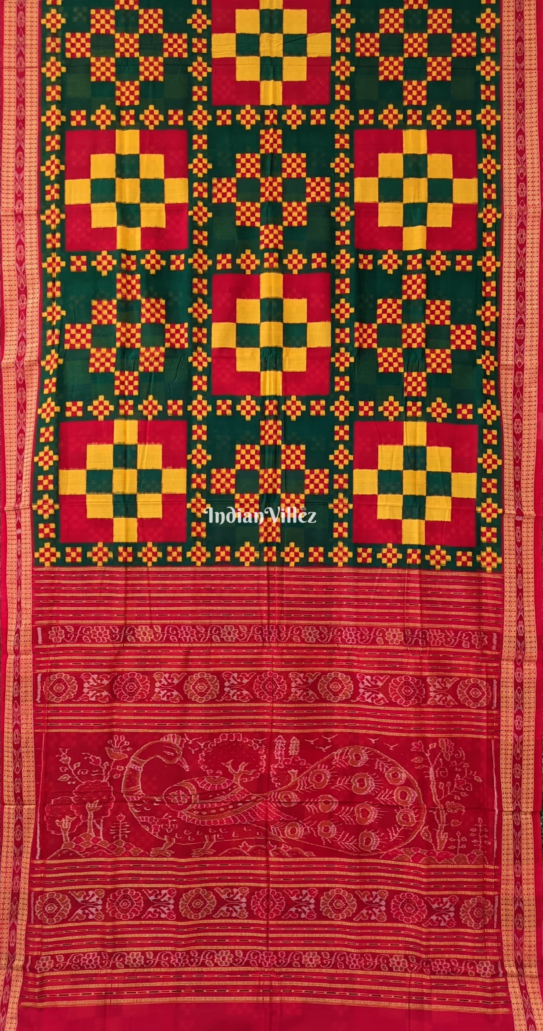 IndianVillèz Red Yellow Sambalpuri Ikat Pasapalli Cotton Saree