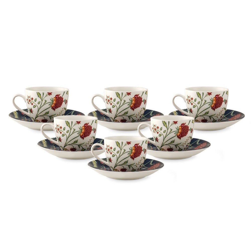 JCPL Ceramic Floral Printed Gardenia Cup & Saucer Set | 180 ML | White & Navy | Set of 12 Pcs - view 2