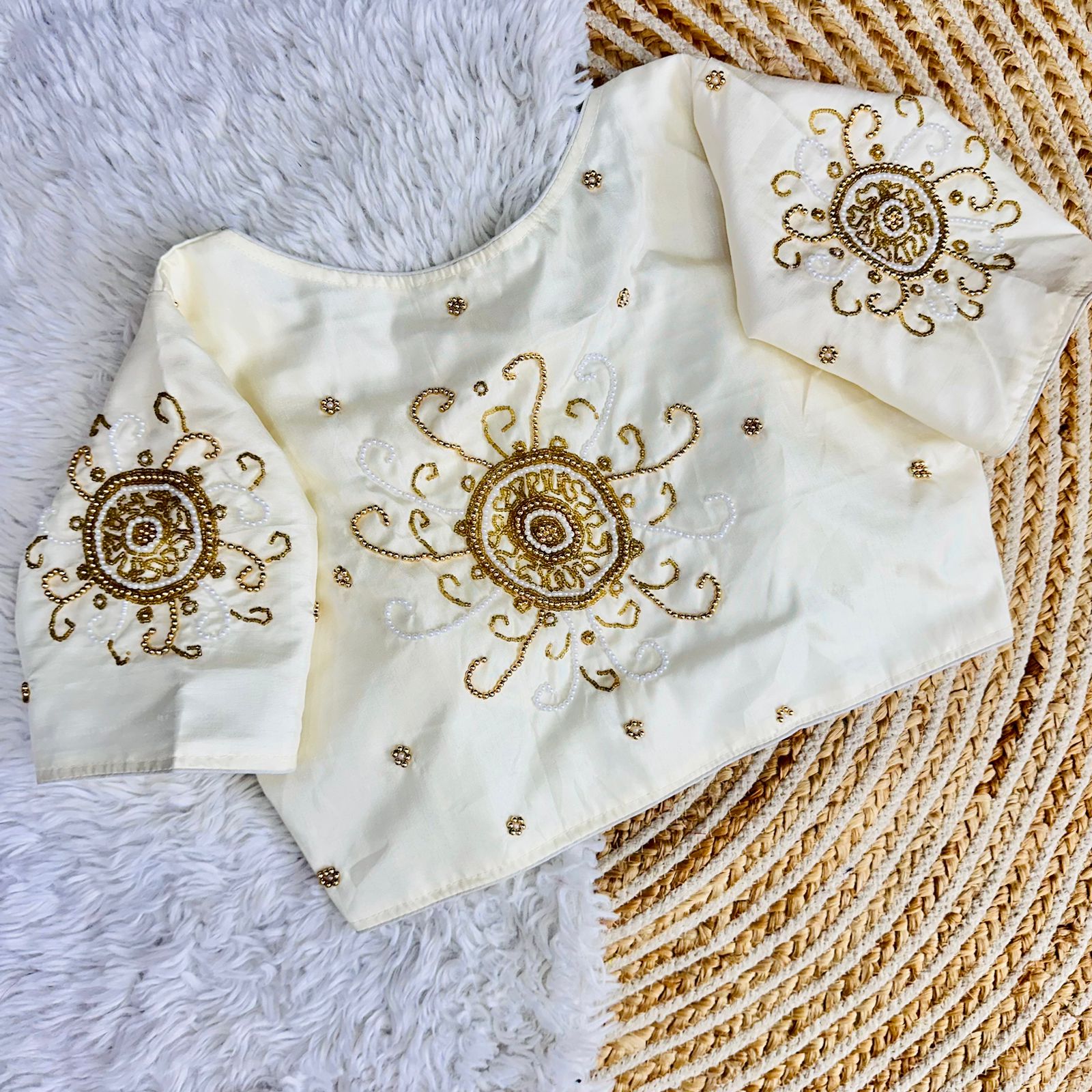 ClothsVilla White Golden Handcrafted Makhana Silk Blouse with White Pearl Accents