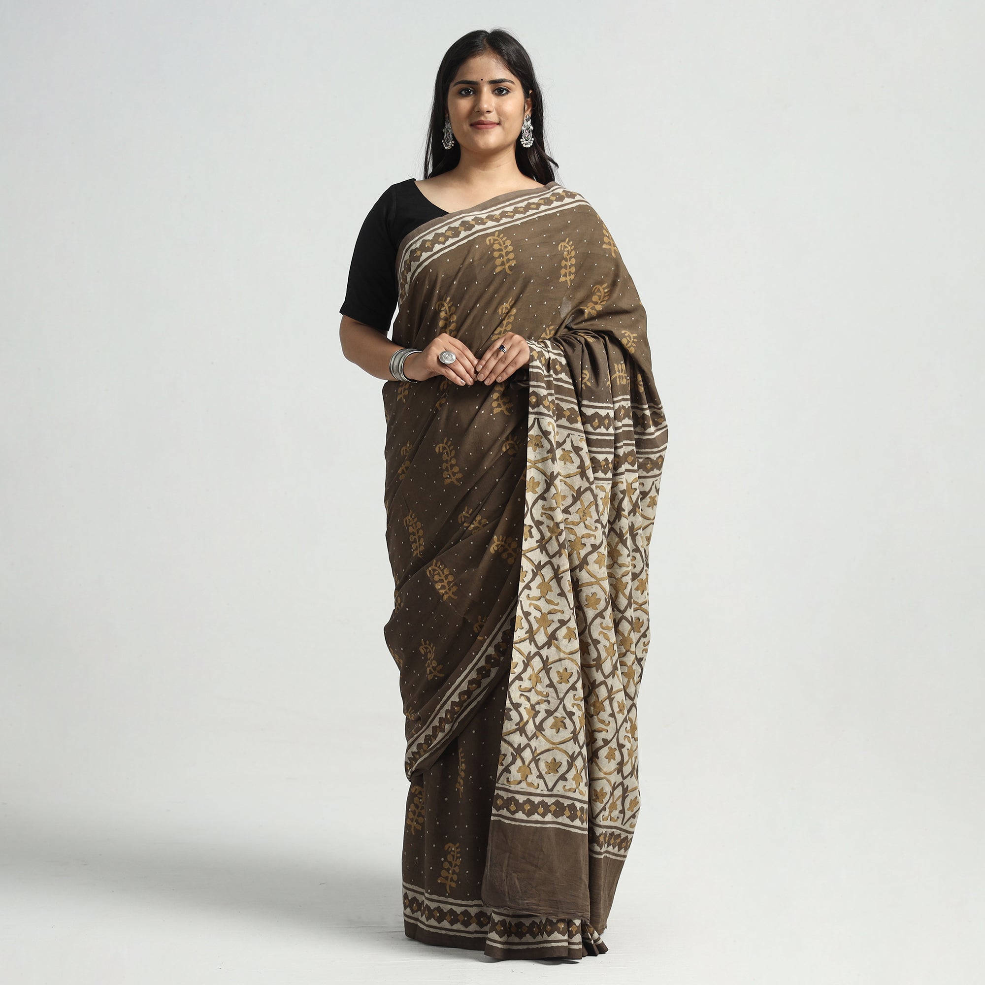 HAVELI CHRONICLES Brown - Akola Hand Block Printed Cotton Saree