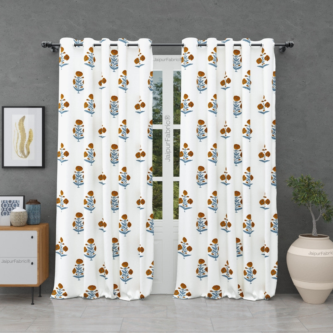 JaipurFabric® Classic Floral Boota Hand Block Printed Curtains with Marigold Flower and Grey Leaves