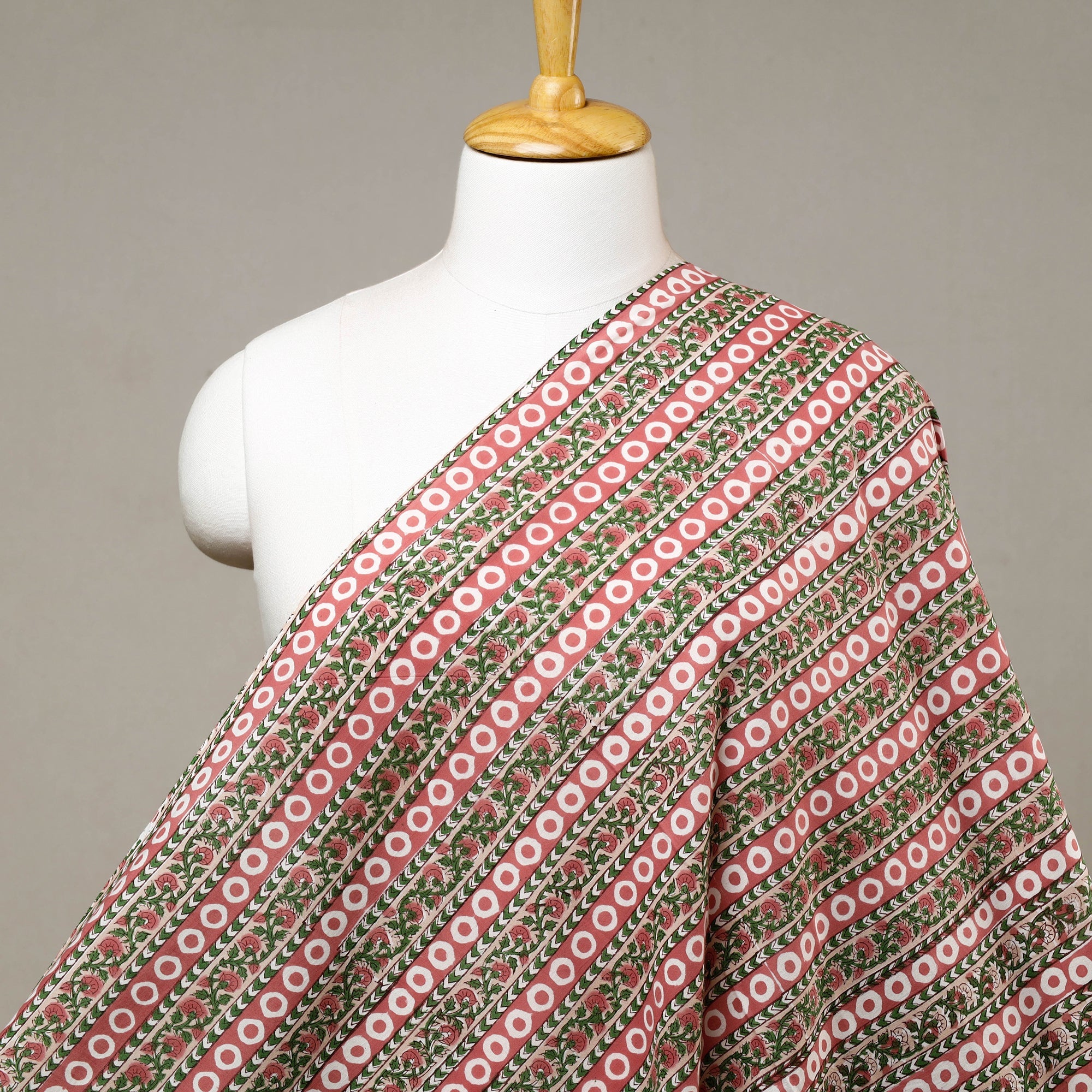 KUSUMLATA Bloom Flowers Stripes Pattern In Red & Green Sanganeri Block Printed Cotton Fabric