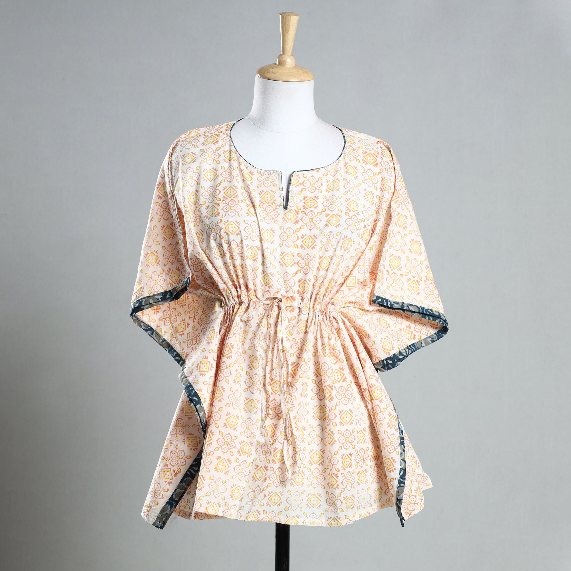 CHUTNEY CRAFT STUDIO Beige - Sanganeri Block Printed Cotton Kaftan with Tie-Up Waist (Short)