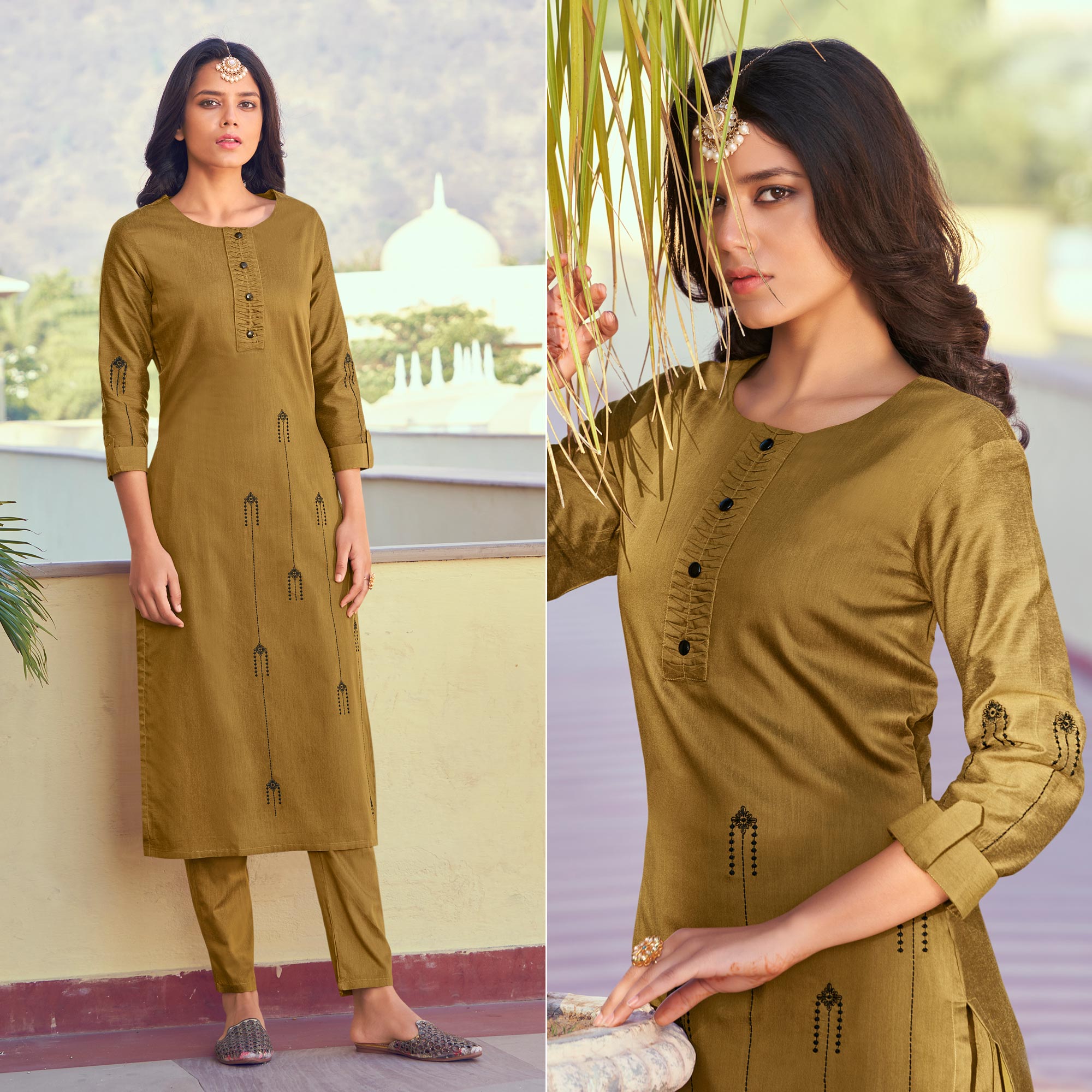 Peachmode Seller Brown Embroidered Art Silk Kurti Pant Set