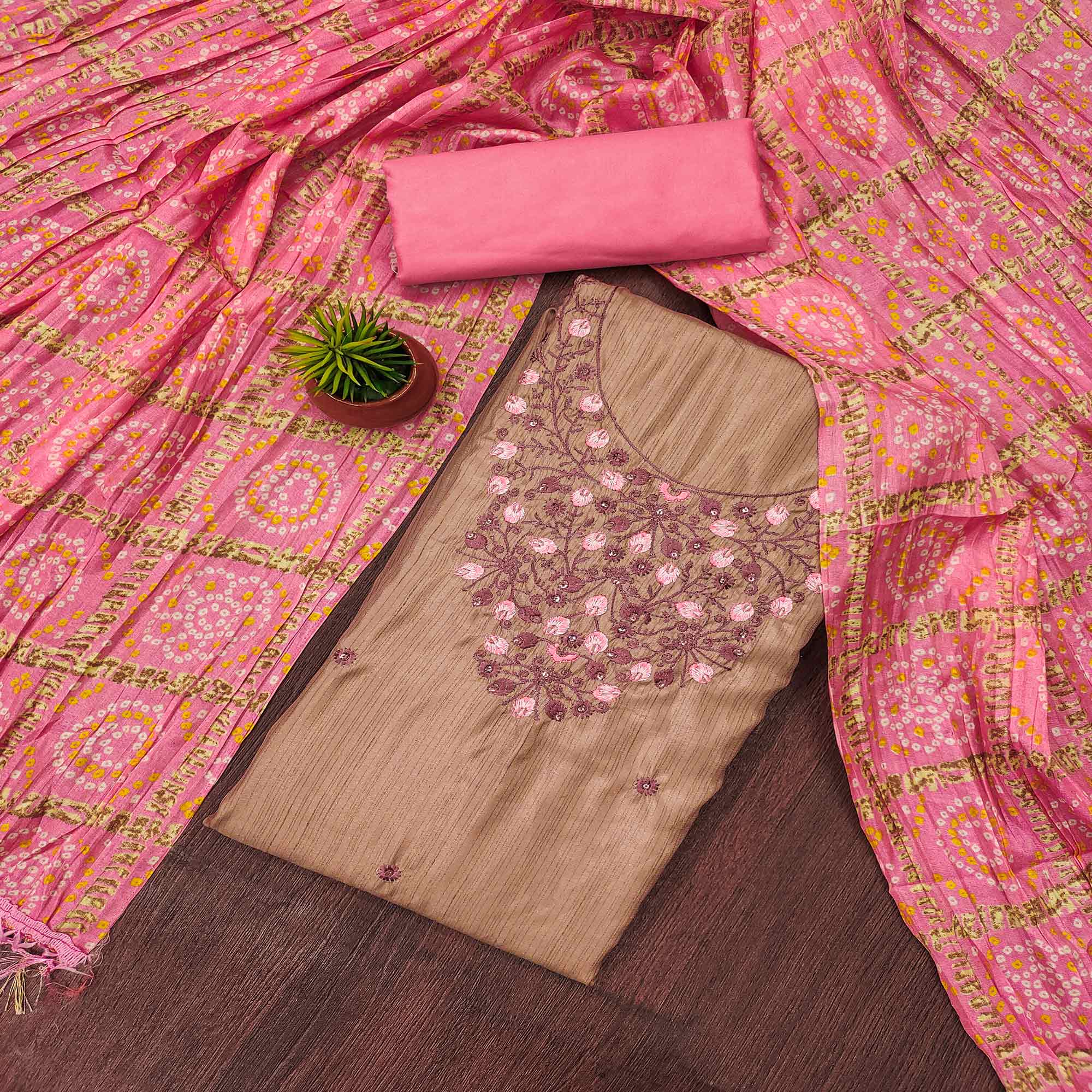 Peachmode Chikoo Floral Sequins Embroidered Cotton Blend Dress Material