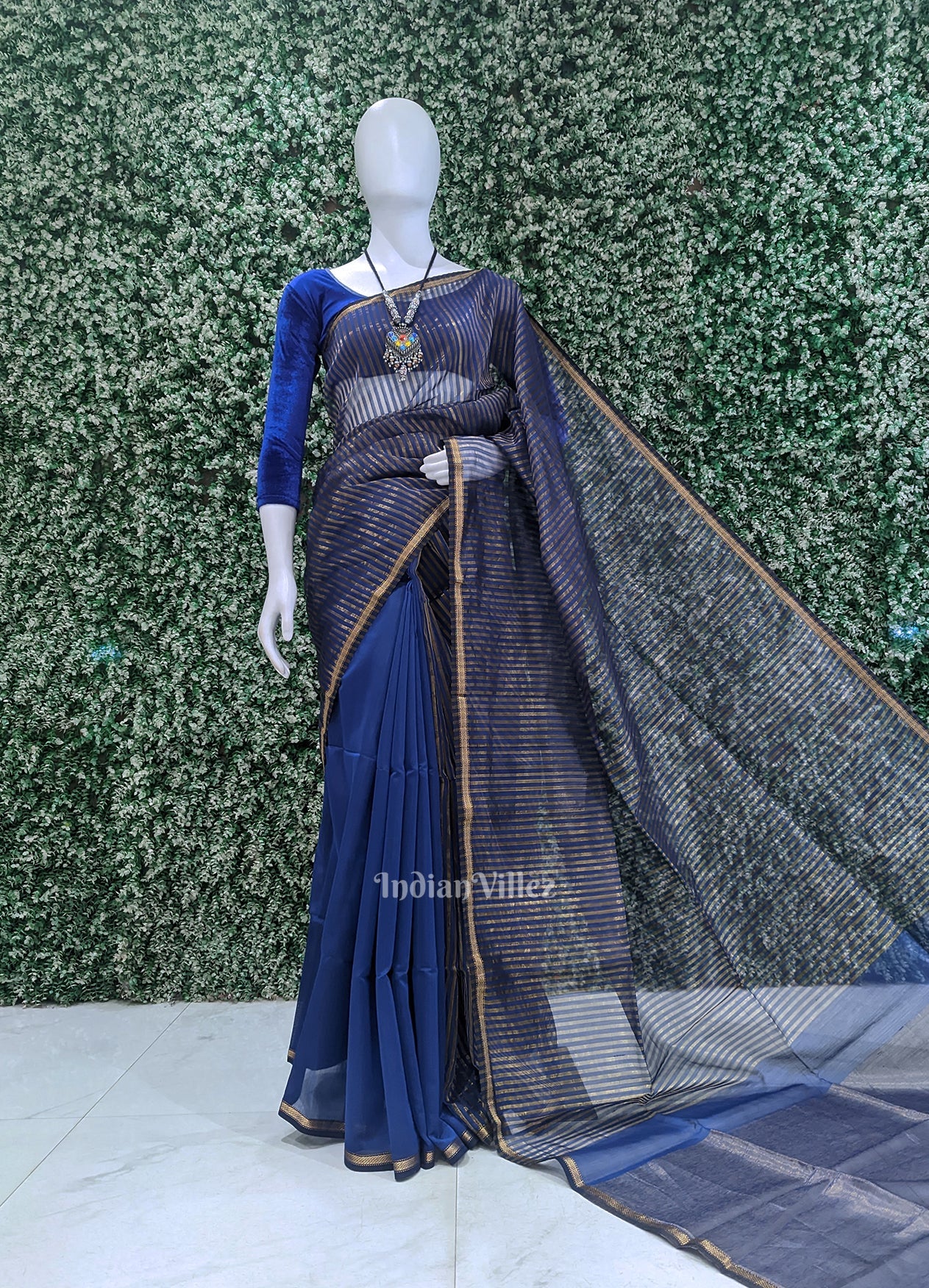 IndianVillèz Blue Stripped Pure Silk Cotton Maheshwari Saree