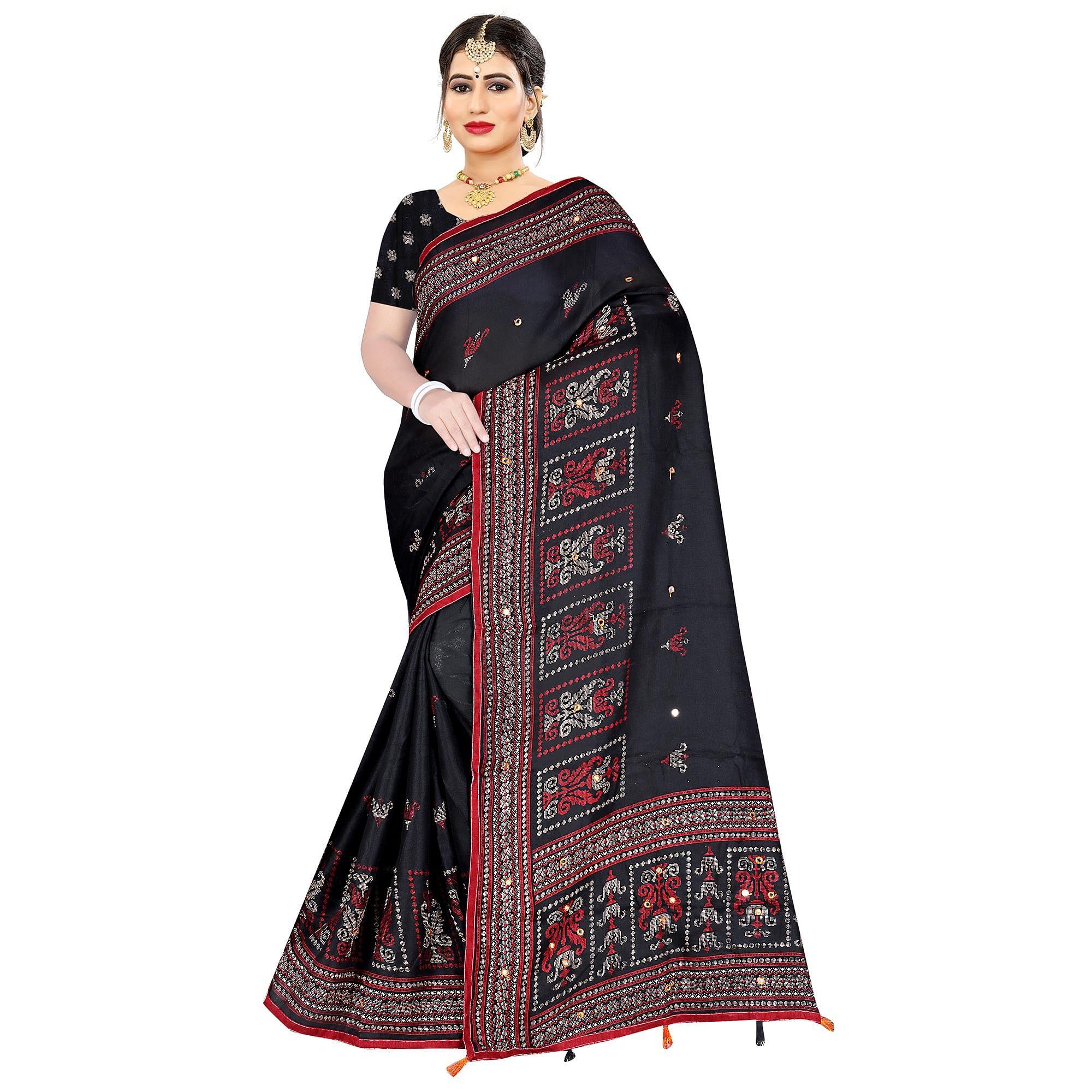 Peachmode Flamboyant Black Coloured Festive Wear Printed Cotton Jute Saree