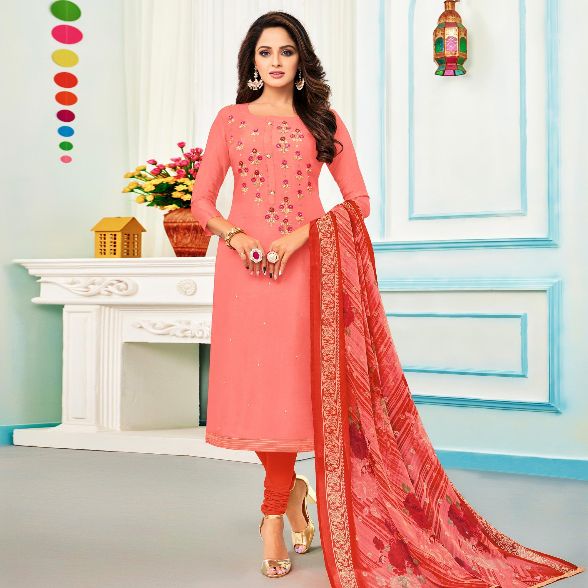 Peachmode Eye-catching Pink Colored Casual Wear Embroidered Chanderi Dress Material