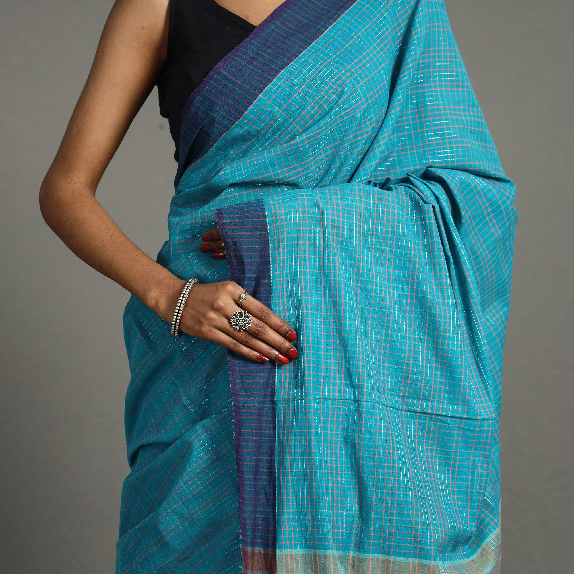 CREYO Blue - Bazaar Checks Cotton Handloom Saree 44 - view 5